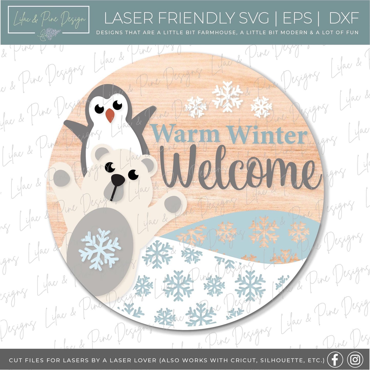 Warm Winter Welcome sign SVG, Christmas door hanger SVG, Winter door hanger SVG, penguin svg, polar bear svg, Glowforge Svg, laser cut file