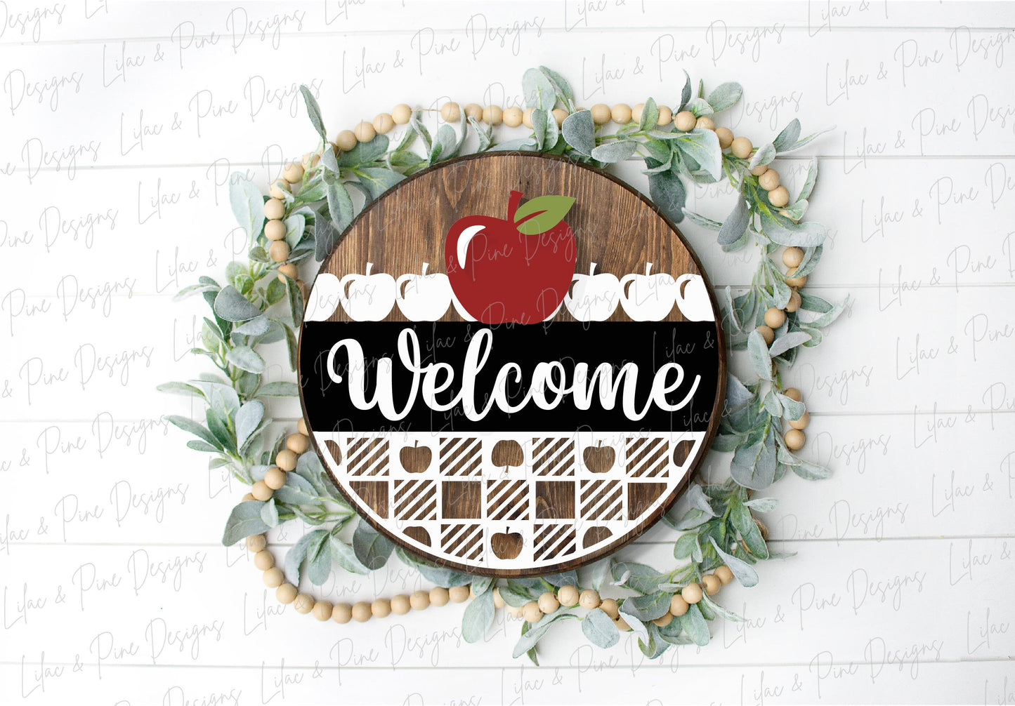 Apple Welcome door hanger SVG, Fall welcome sign SVG, Plaid round door hanger, Fall porch decor, School round wood sign, Glowforge laser SVG