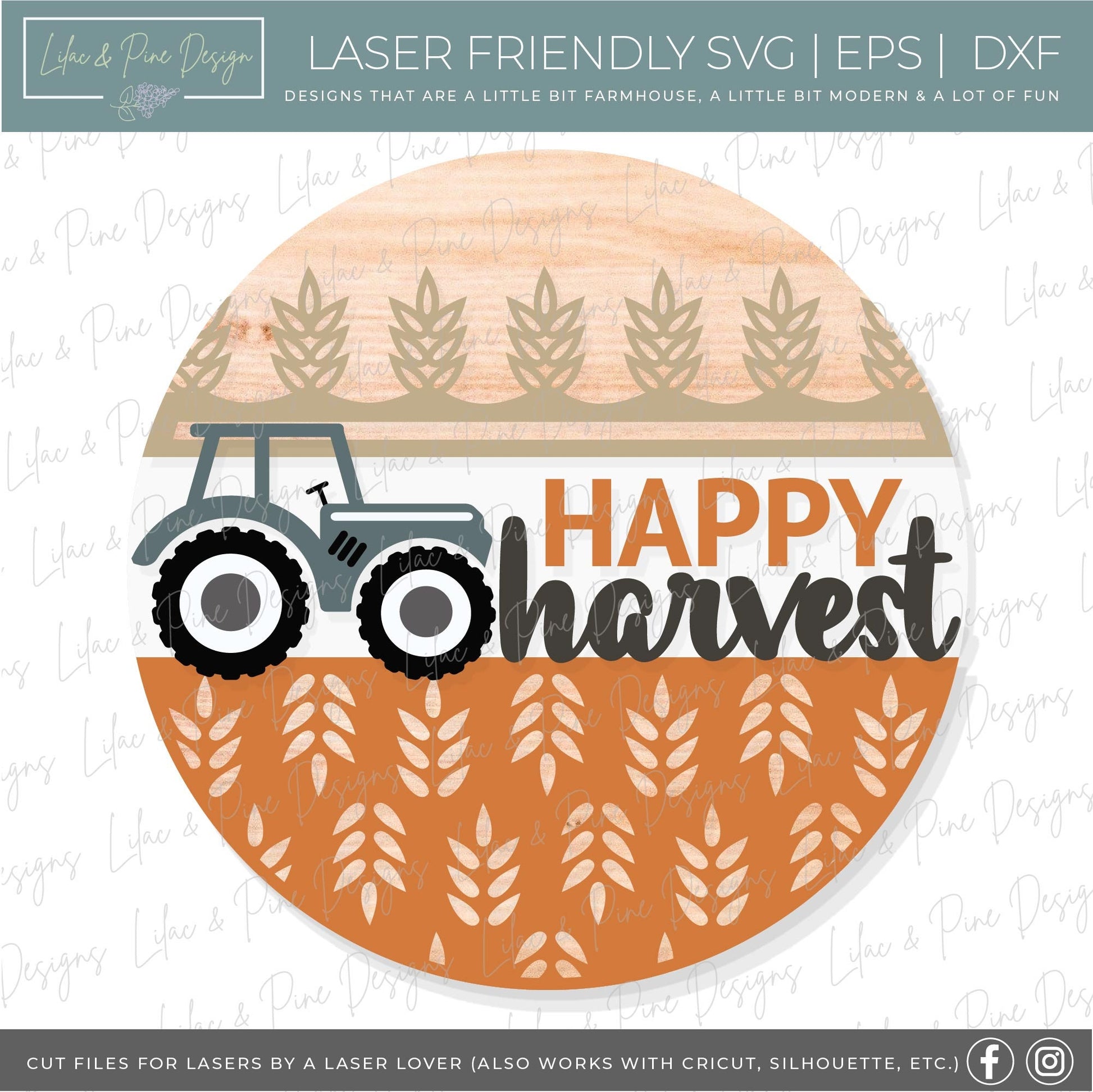 Happy Harvest door hanger SVG, Fall welcome sign SVG, Tractor round door hanger, Fall porch decor, Fall farmhouse sign, Glowforge laser SVG