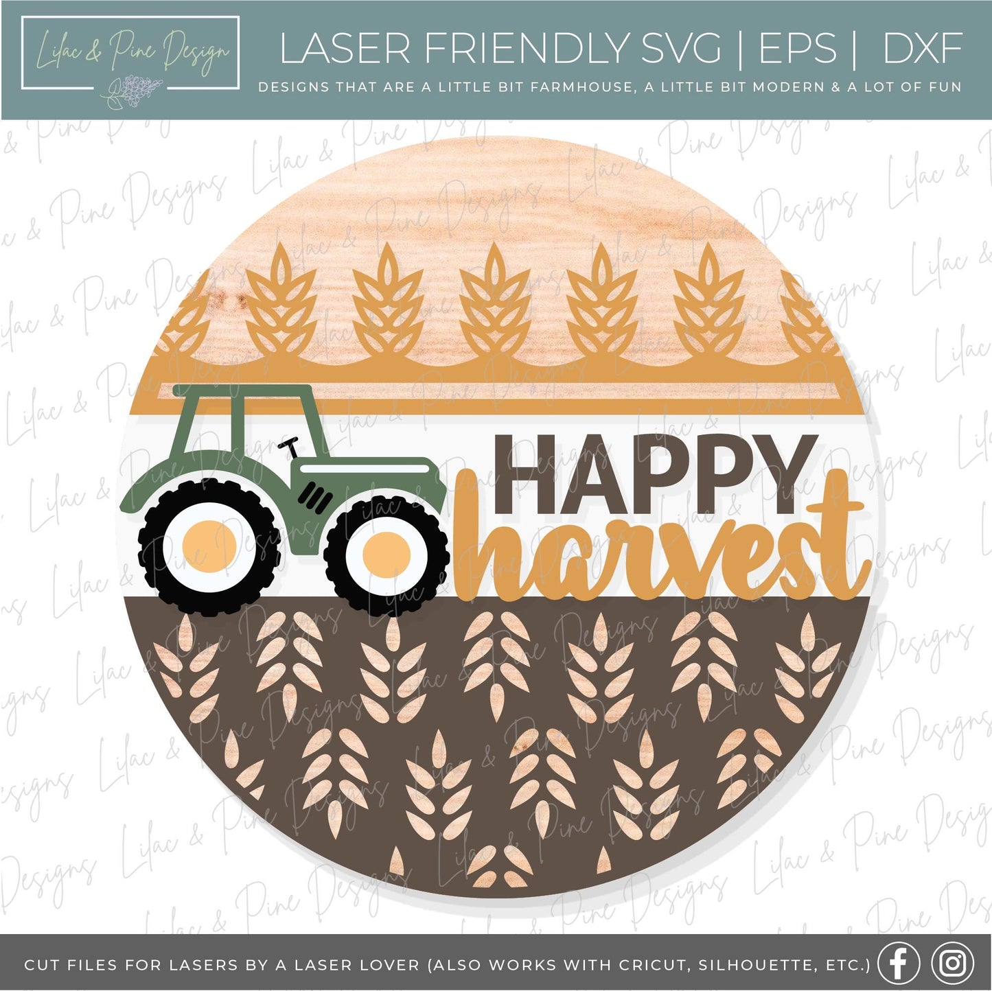 Happy Harvest door hanger SVG, Fall welcome sign SVG, Tractor round door hanger, Fall porch decor, Fall farmhouse sign, Glowforge laser SVG
