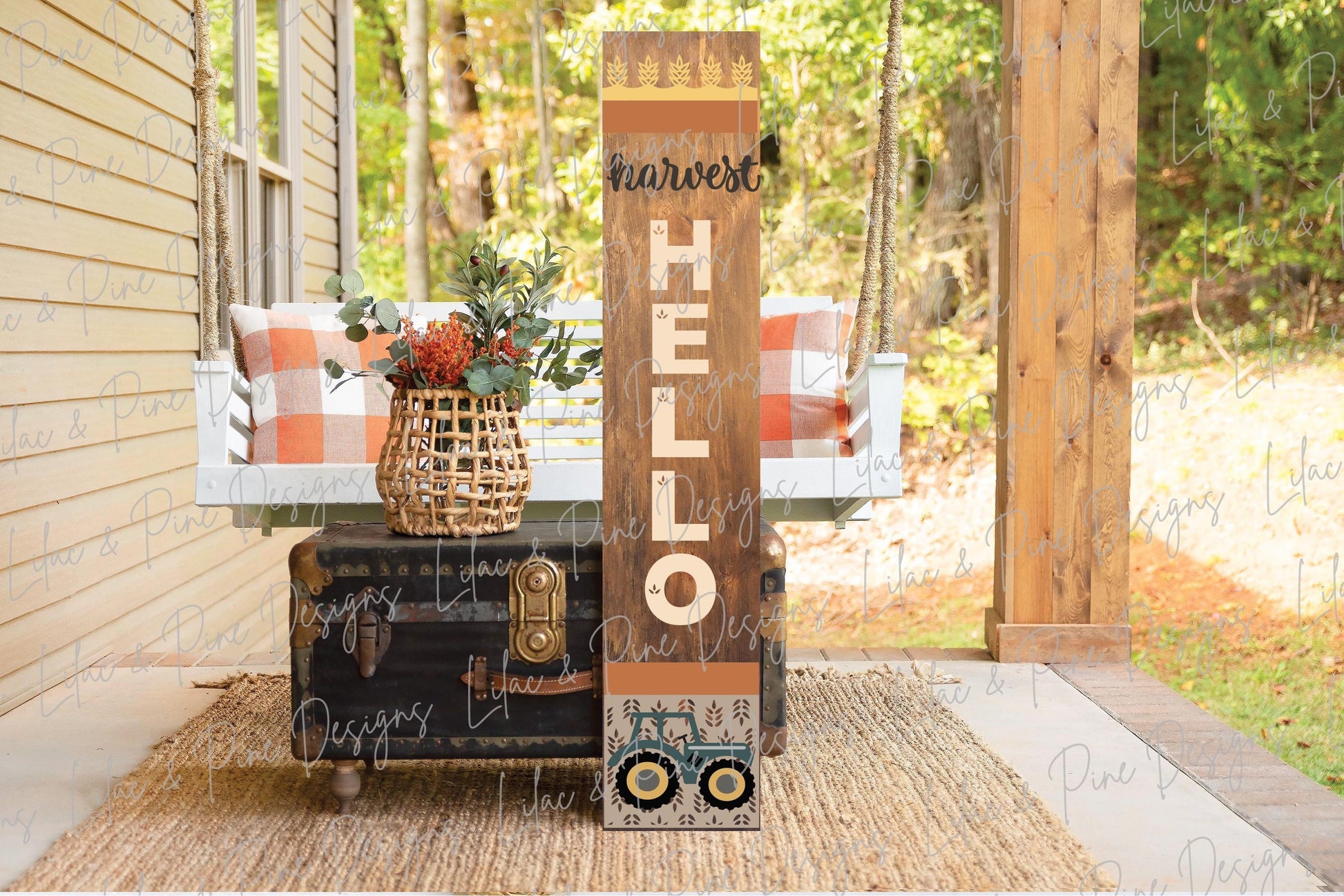 harvest hello sign SVG, Fall porch sign SVG, Autumn porch leaner, tractor welcome sign svg, fall porch decor, Glowforge SVG, laser cut file