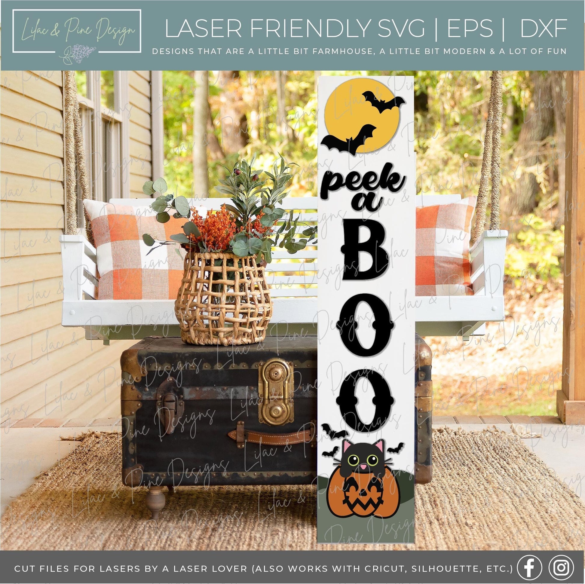 Halloween welcome sign SVG, Black Cat porch sign SVG, Boo vertical welcome sign SVG, Halloween porch decor, Glowforge Svg, laser cut file