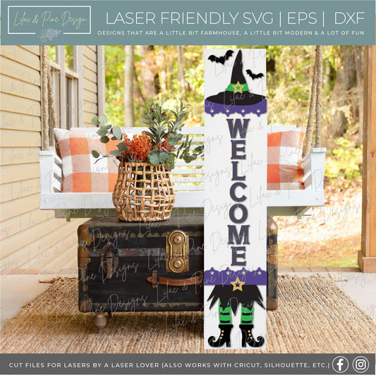Halloween welcome sign SVG, Witch porch sign SVG, Halloween vertical sign SVG, Witch feet welcome sign svg, Glowforge Svg, laser cut file