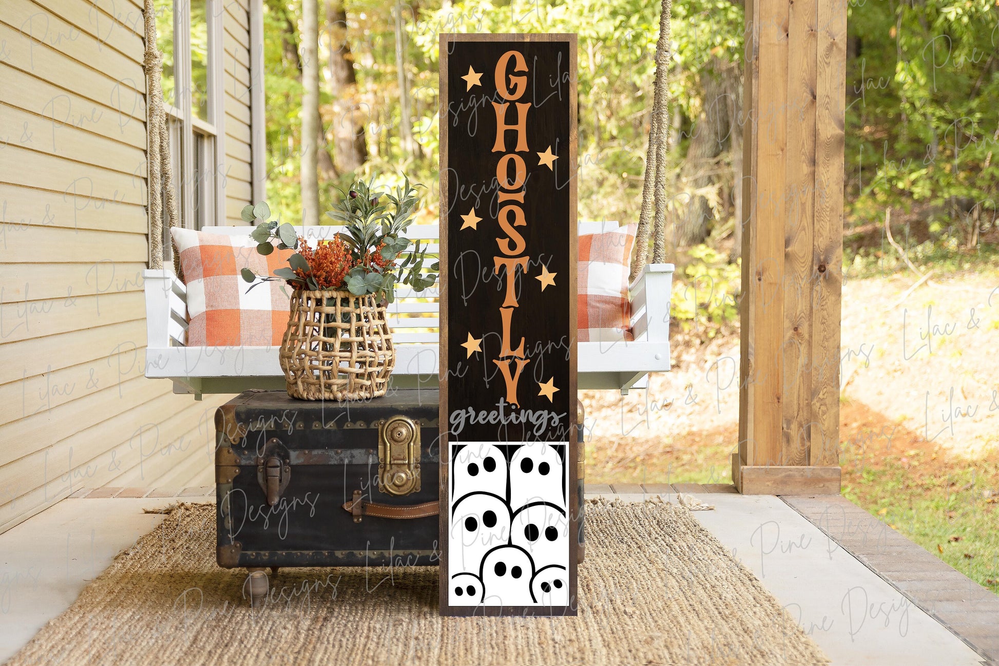 Ghostly Greetings sign, Halloween porch sign SVG, Halloween vertical welcome sign, Ghost welcome sign SVG, Glowforge Svg, laser cut file