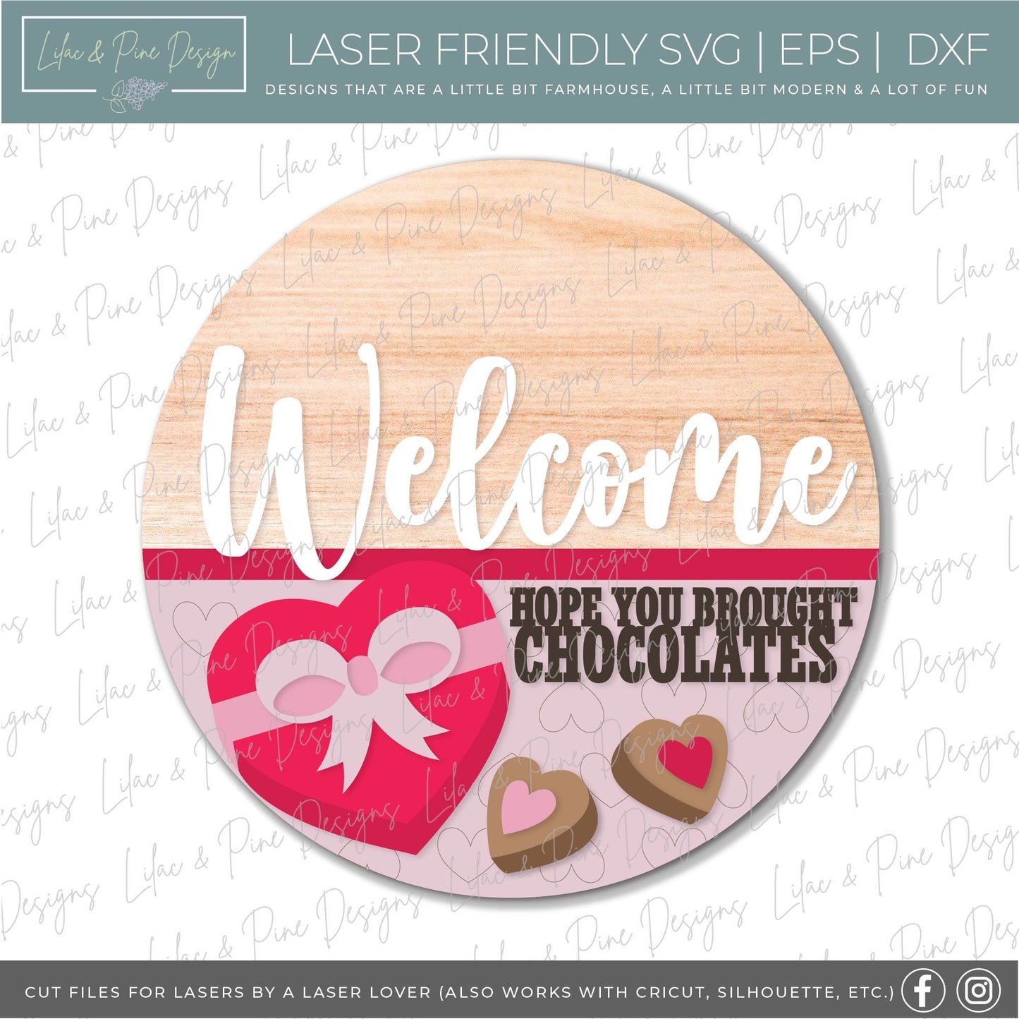 Valentine Chocolates Welcome sign SVG, Valentine's Day round door hanger svg, Valentines Day porch decor, Glowforge SVG, laser cut file