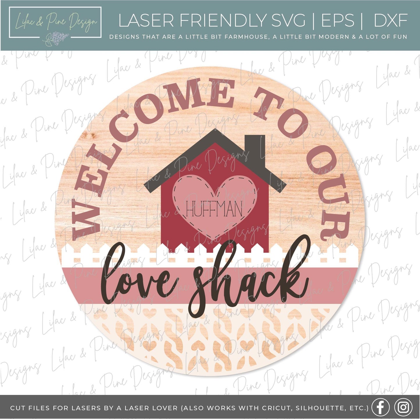 Valentine Welcome sign SVG, Love Shack door hanger, Personalized round sign SVG, Valentines Day decor, Glowforge SVG, laser cut file