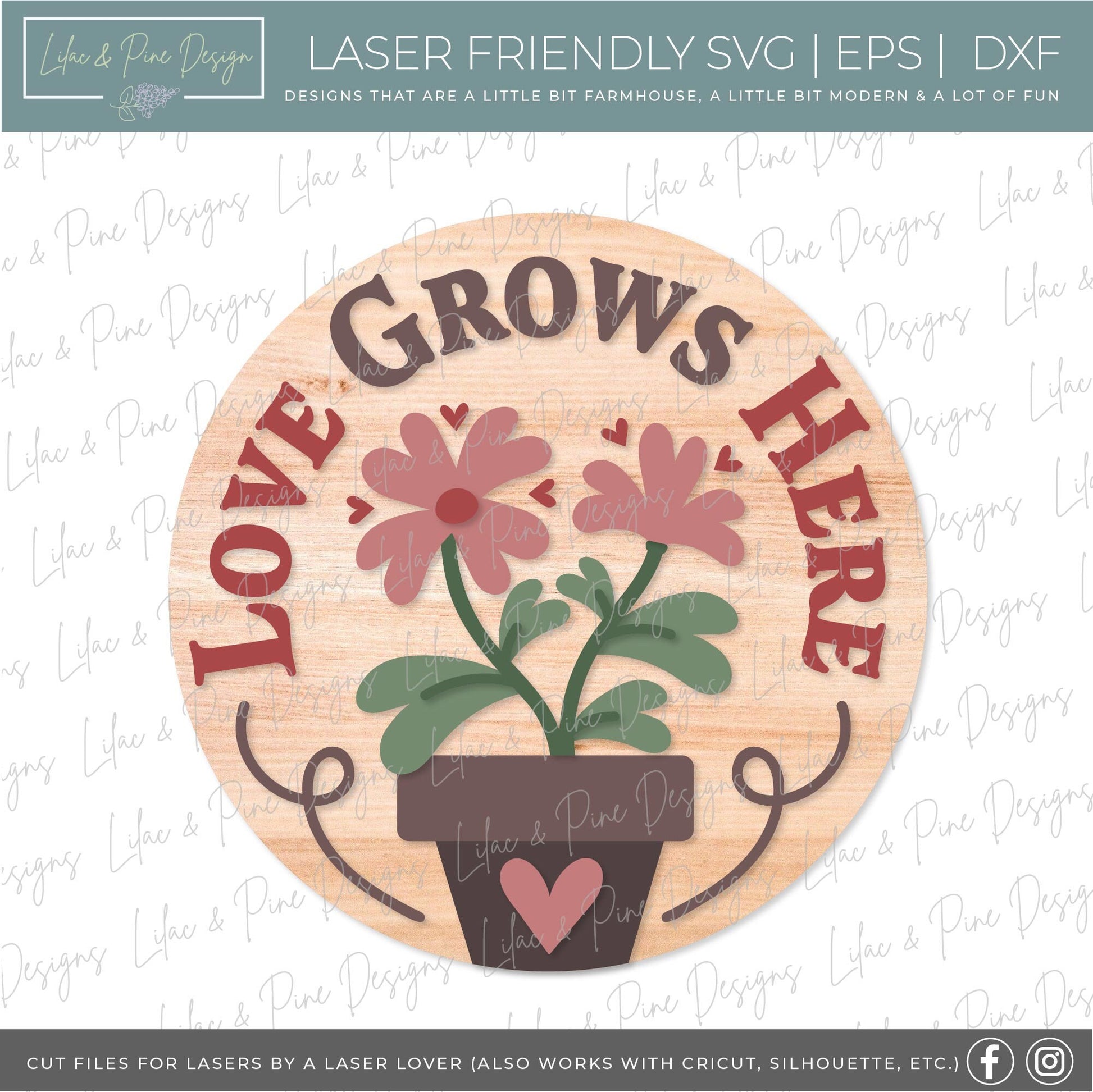 love grows here SVG, Valentine door hanger, Valentines Welcome, door round SVG, Valentines Day decor, Glowforge SVG, laser cut file, Cricut