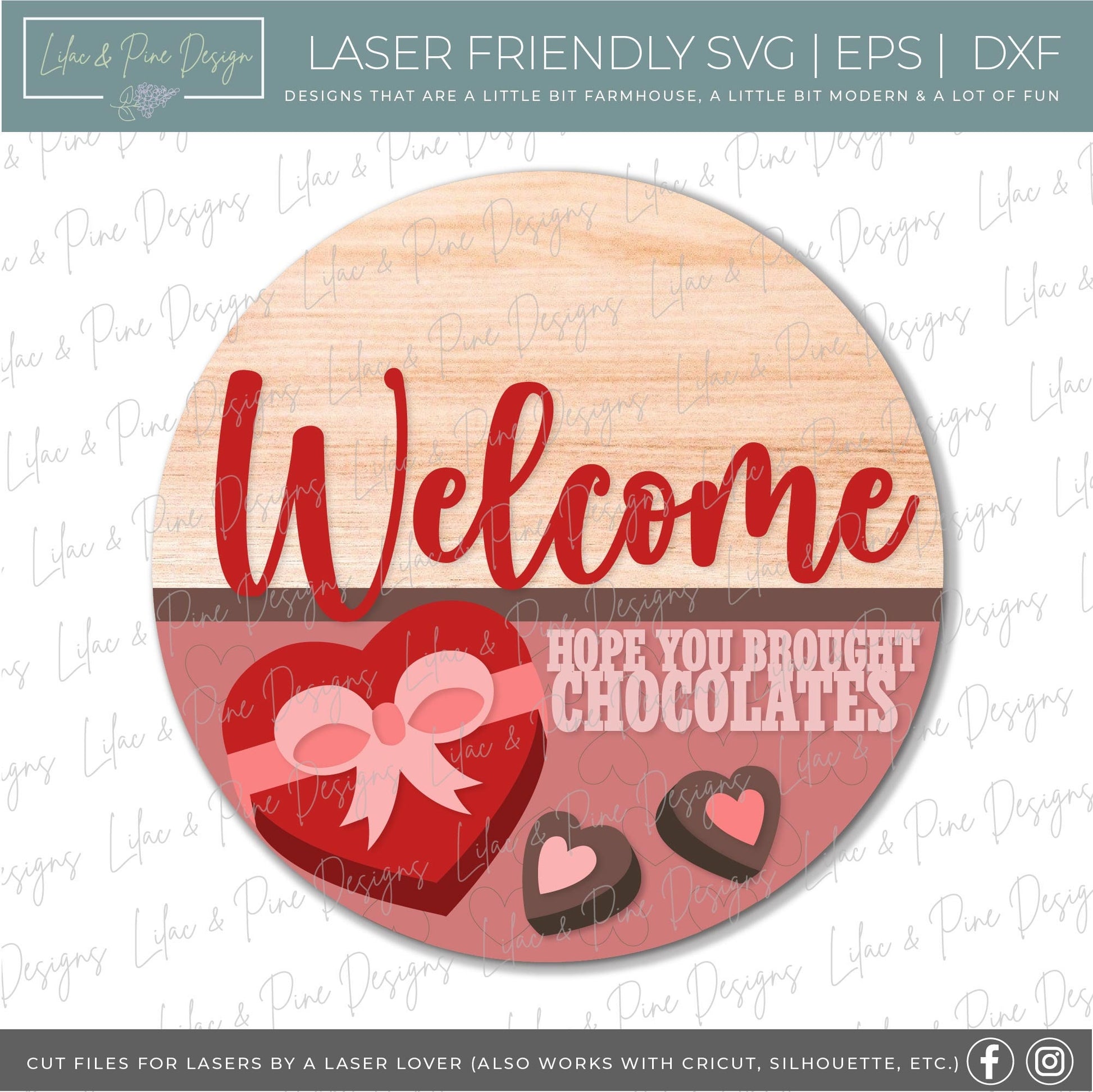 Valentine Chocolates Welcome sign SVG, Valentine's Day round door hanger svg, Valentines Day porch decor, Glowforge SVG, laser cut file