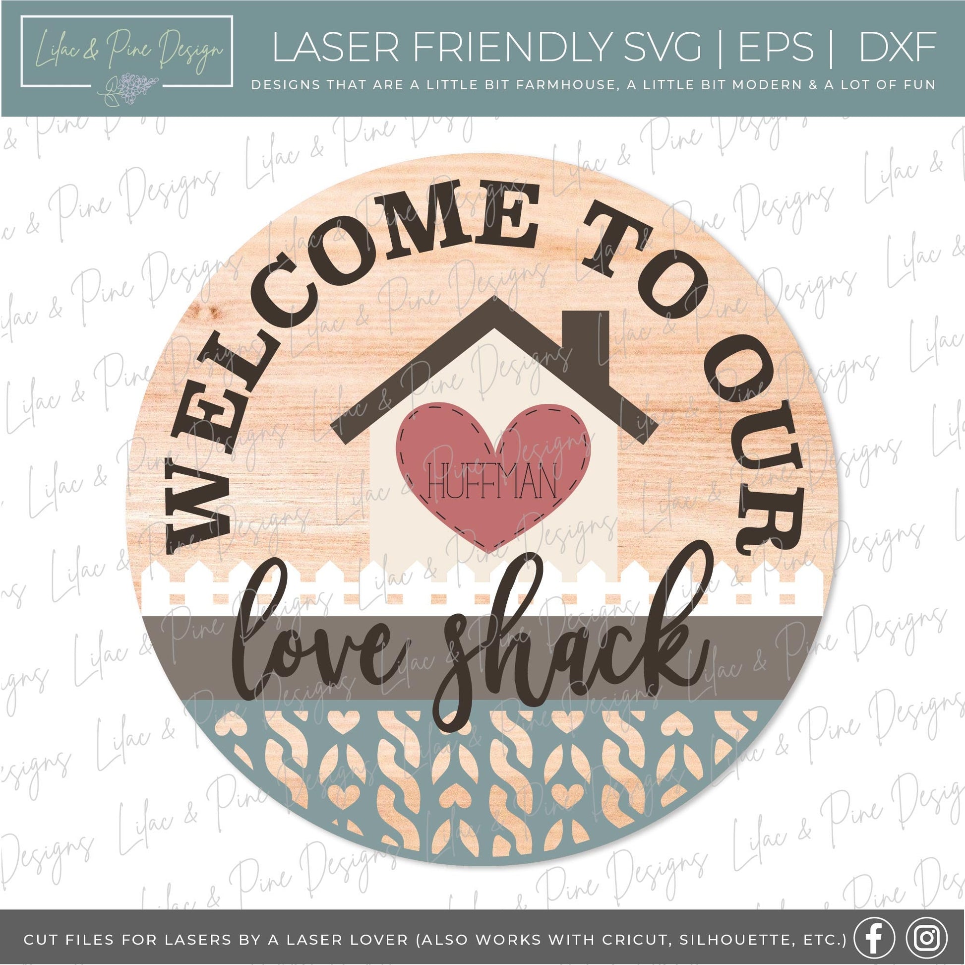 Valentine Welcome sign SVG, Love Shack door hanger, Personalized round sign SVG, Valentines Day decor, Glowforge SVG, laser cut file