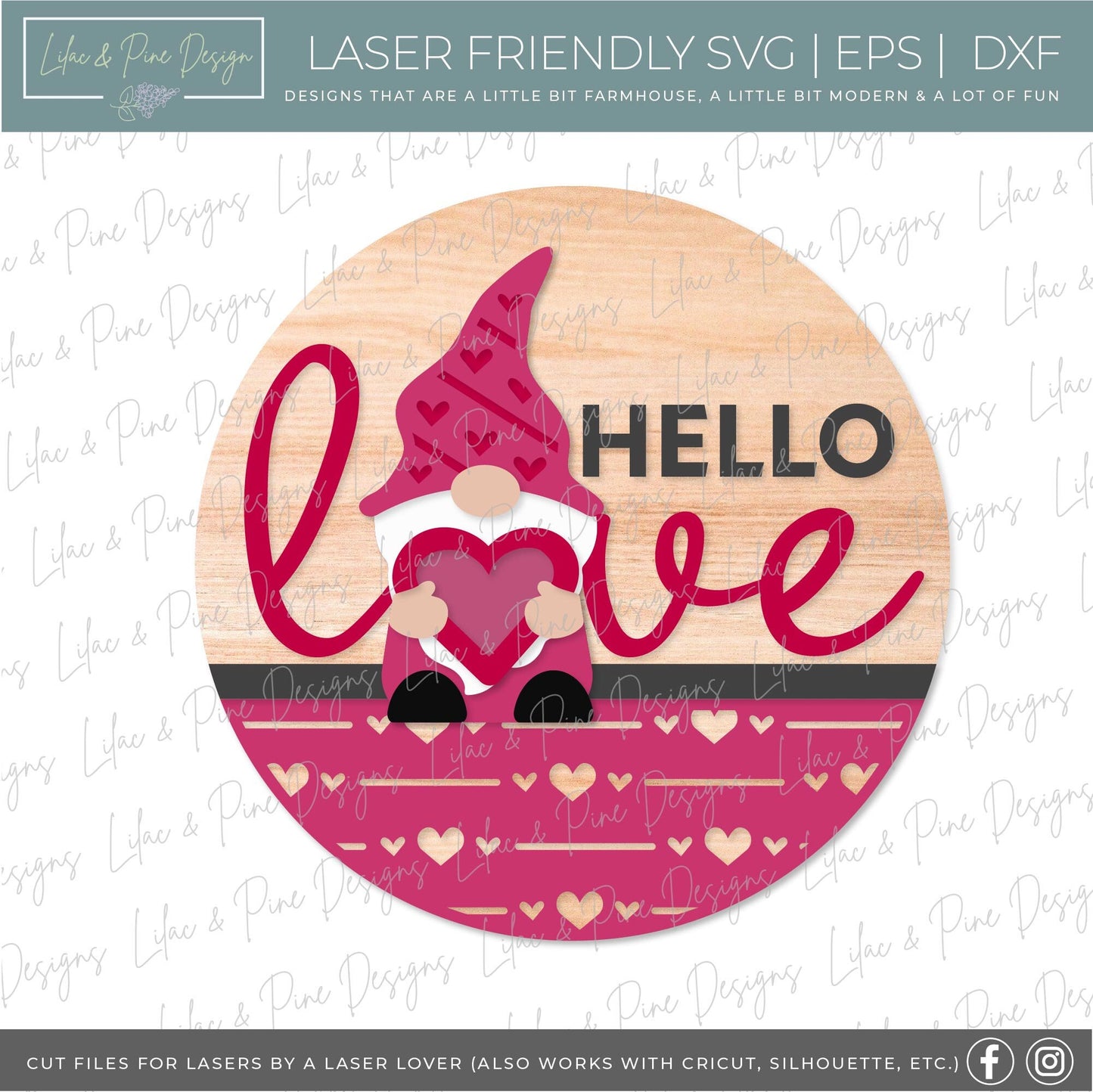 Valentine Gnome door hanger SVG, hello love door hanger SVG, Valentine's Day Welcome sign, Valentine decor, Glowforge Svg, laser cut file