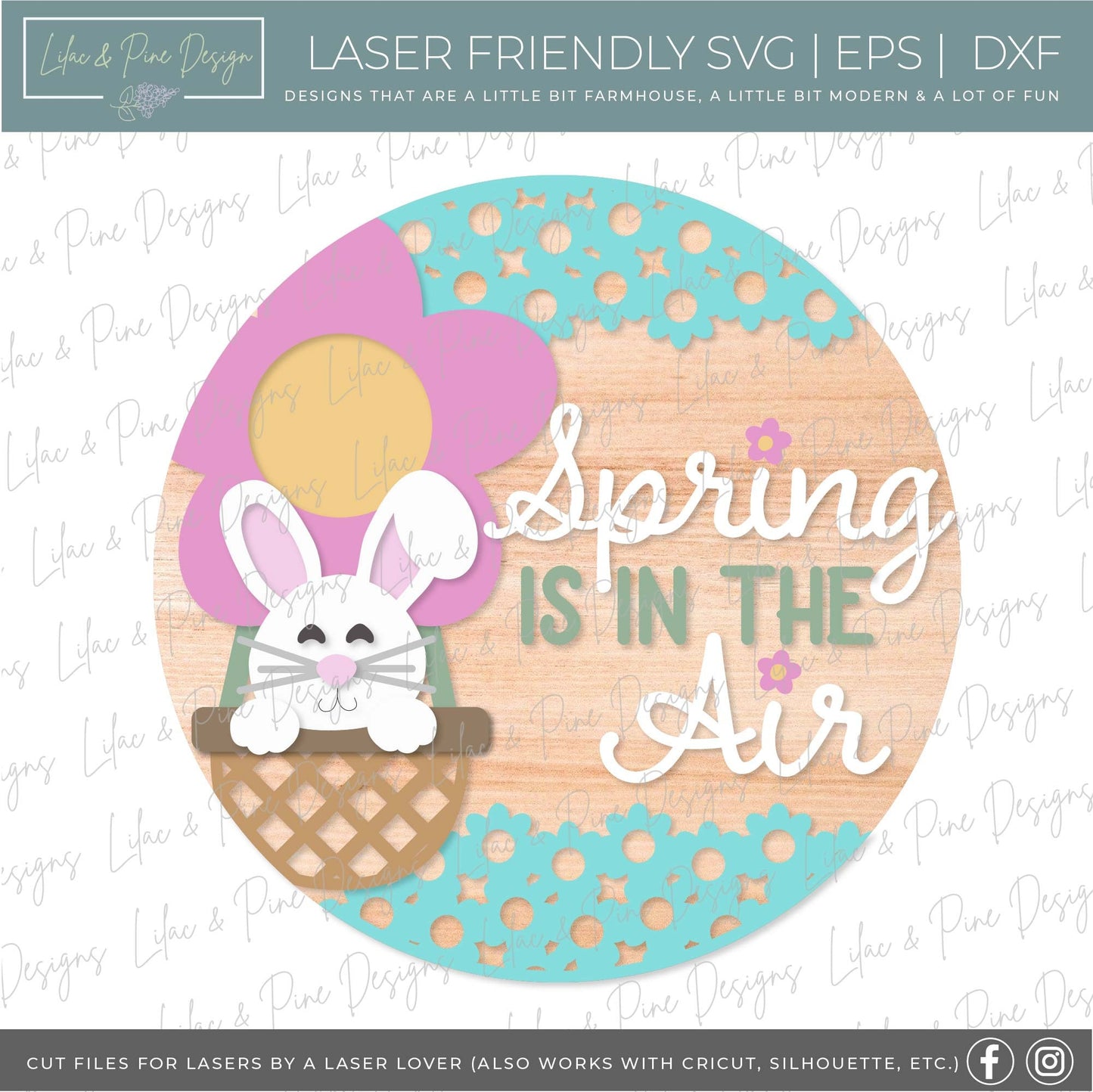 spring is in the air sign SVG, bunny door hanger, bunny welcome sign SVG, spring wall art, round door sign, Glowforge SVG, laser cut file