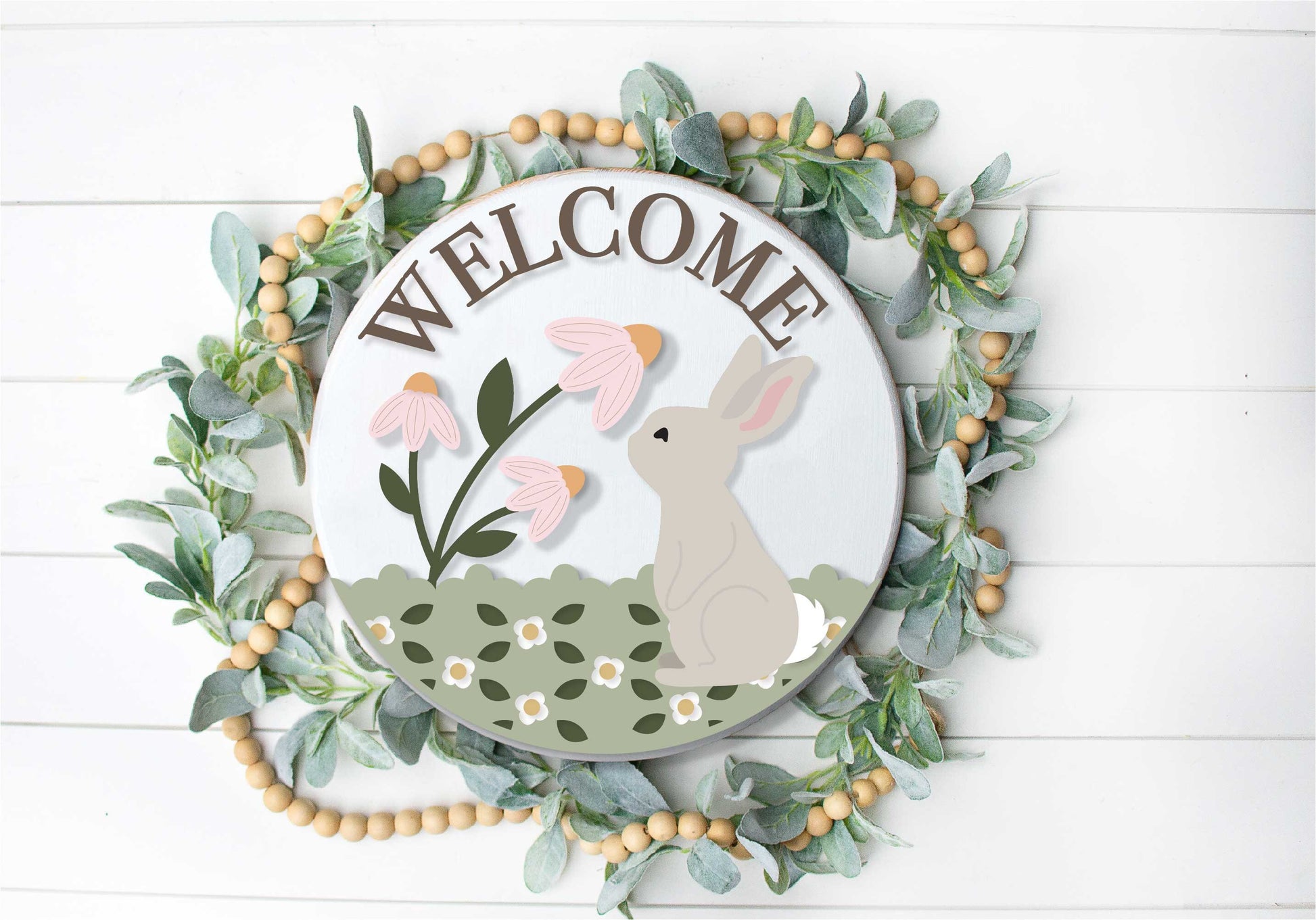spring welcome sign SVG, spring bunny door hanger, floral Welcome sign SVG, spring decor, Easter door hanger, Glowforge SVG, laser cut file