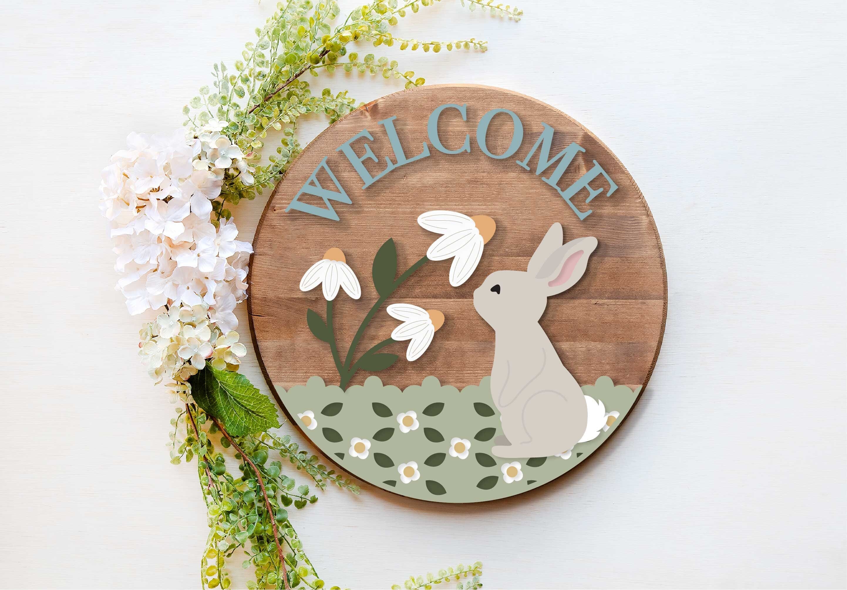spring welcome sign SVG, spring bunny door hanger, floral Welcome sign ...