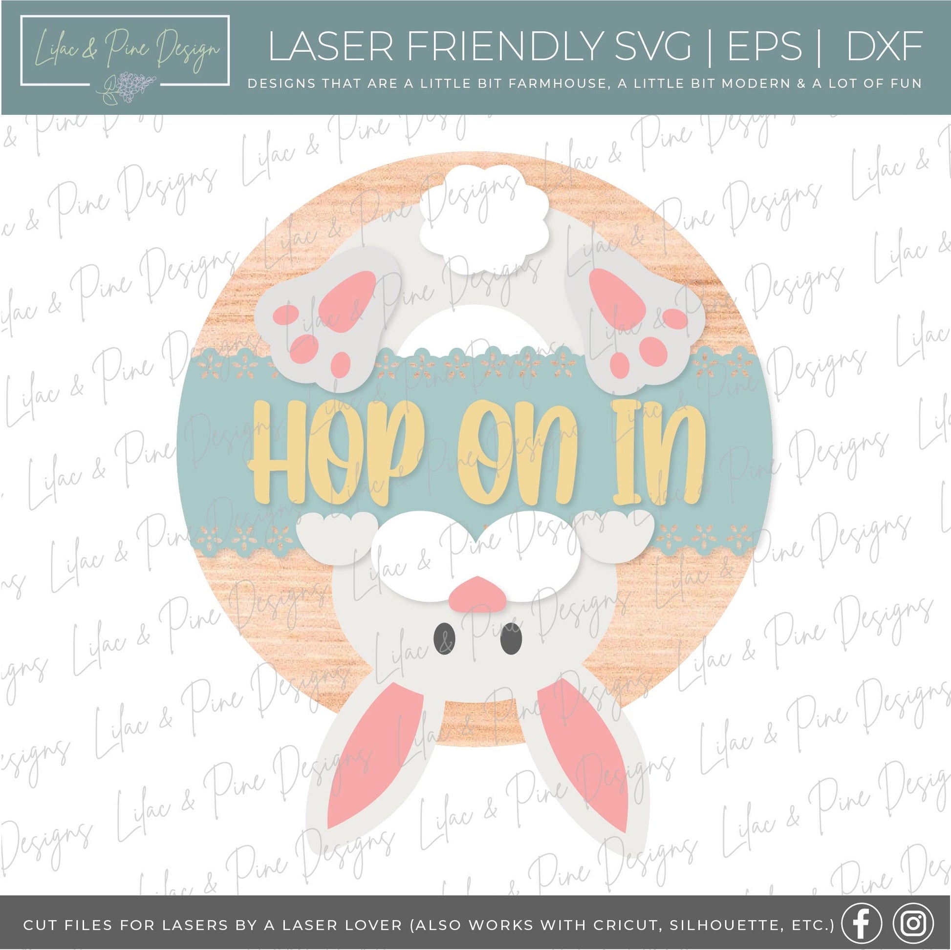 Hop on in sign SVG, bunny welcome sign SVG, Easter bunny door hanger svg, spring decor, Easter wall art, Glowforge SVG, laser cut file
