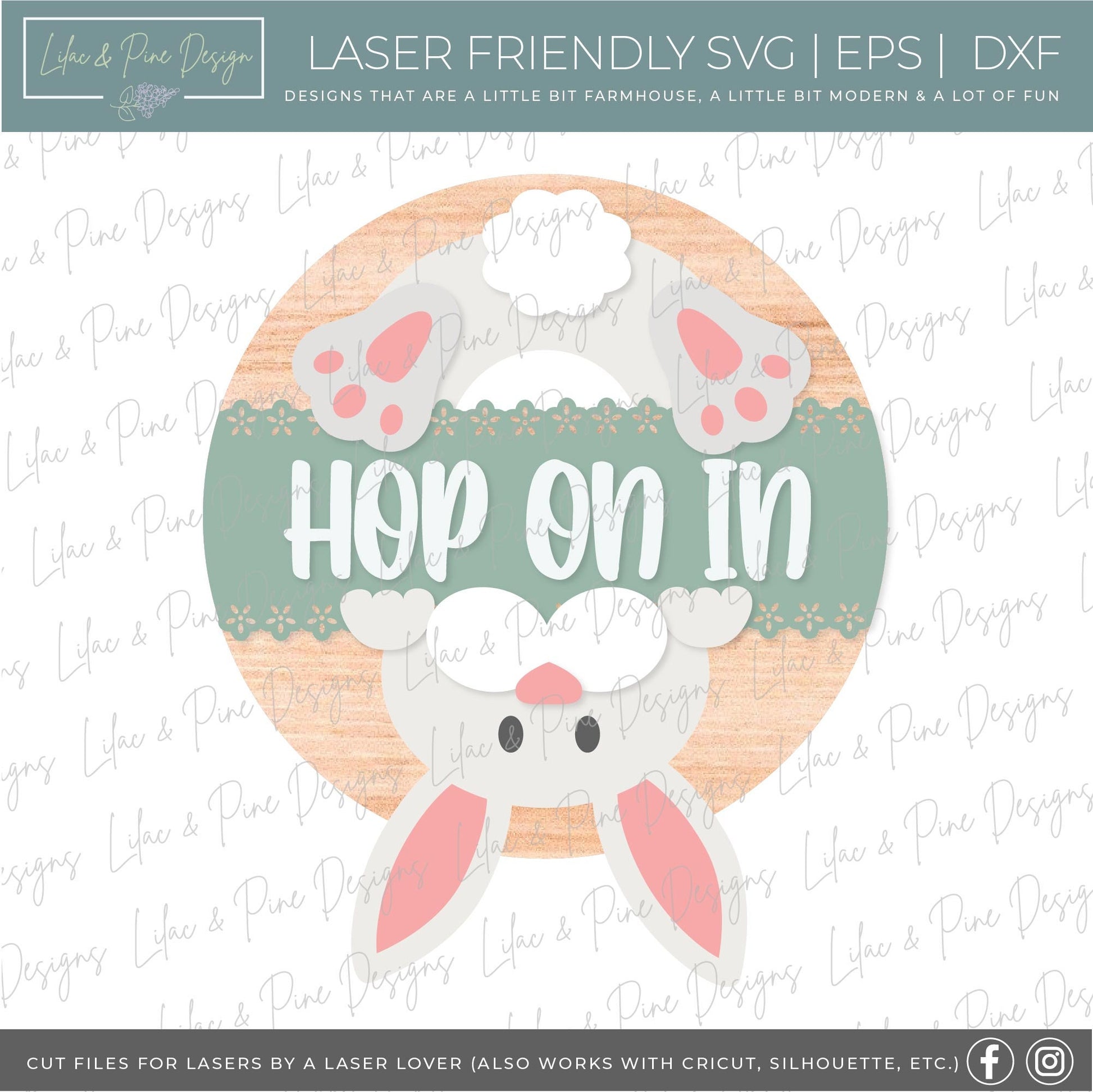 Hop on in sign SVG, bunny welcome sign SVG, Easter bunny door hanger svg, spring decor, Easter wall art, Glowforge SVG, laser cut file