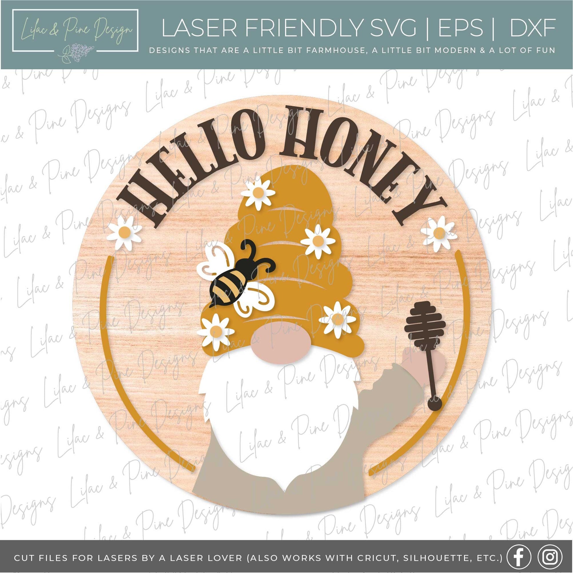 Hello Honey sign SVG, Gnome door hanger svg, Bee Welcome sign SVG,  round Summer sign, porch decor, Cricut, Glowforge SVG, laser cut file