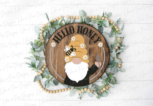 Hello Honey sign SVG, Gnome door hanger svg, Bee Welcome sign SVG,  round Summer sign, porch decor, Cricut, Glowforge SVG, laser cut file