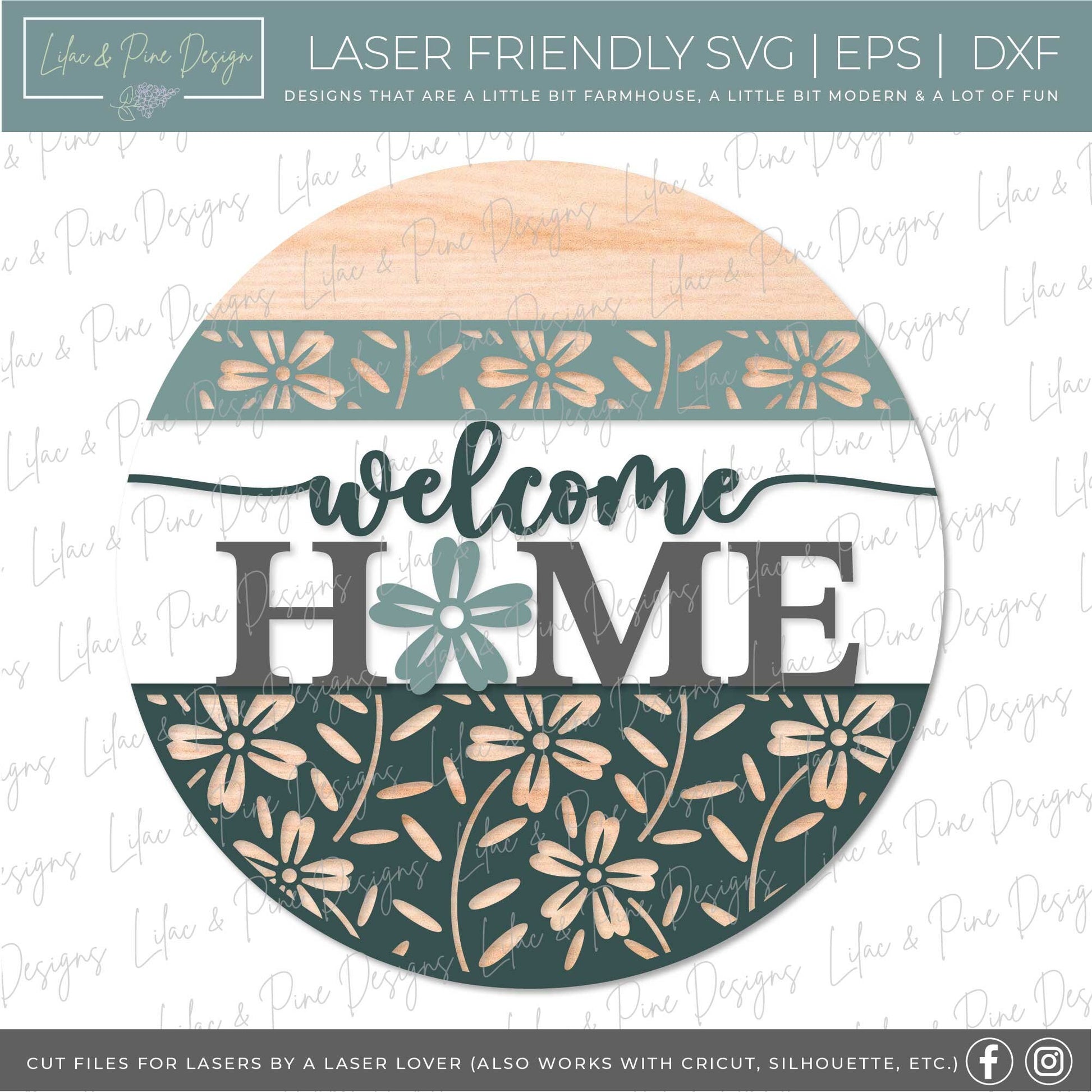 welcome home sign, floral welcome sign SVG, flower door hanger svg, round sign, summer svg, spring svg, Glowforge Svg, laser cut file