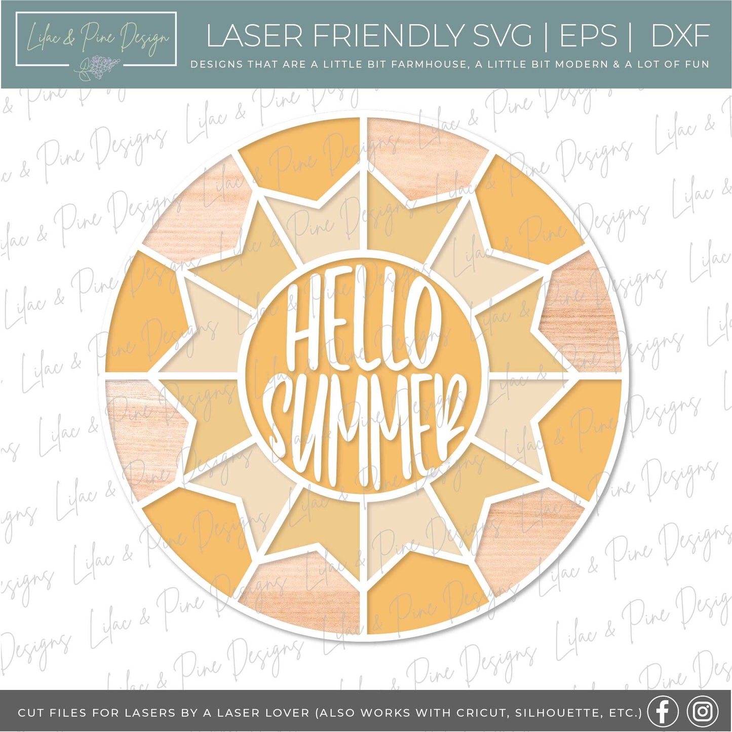 Hello Summer sign, Sunshine door hanger SVG, Summer Welcome sign, Summer Quilt round sign svg, summer decor, Glowforge SVG, laser cut file