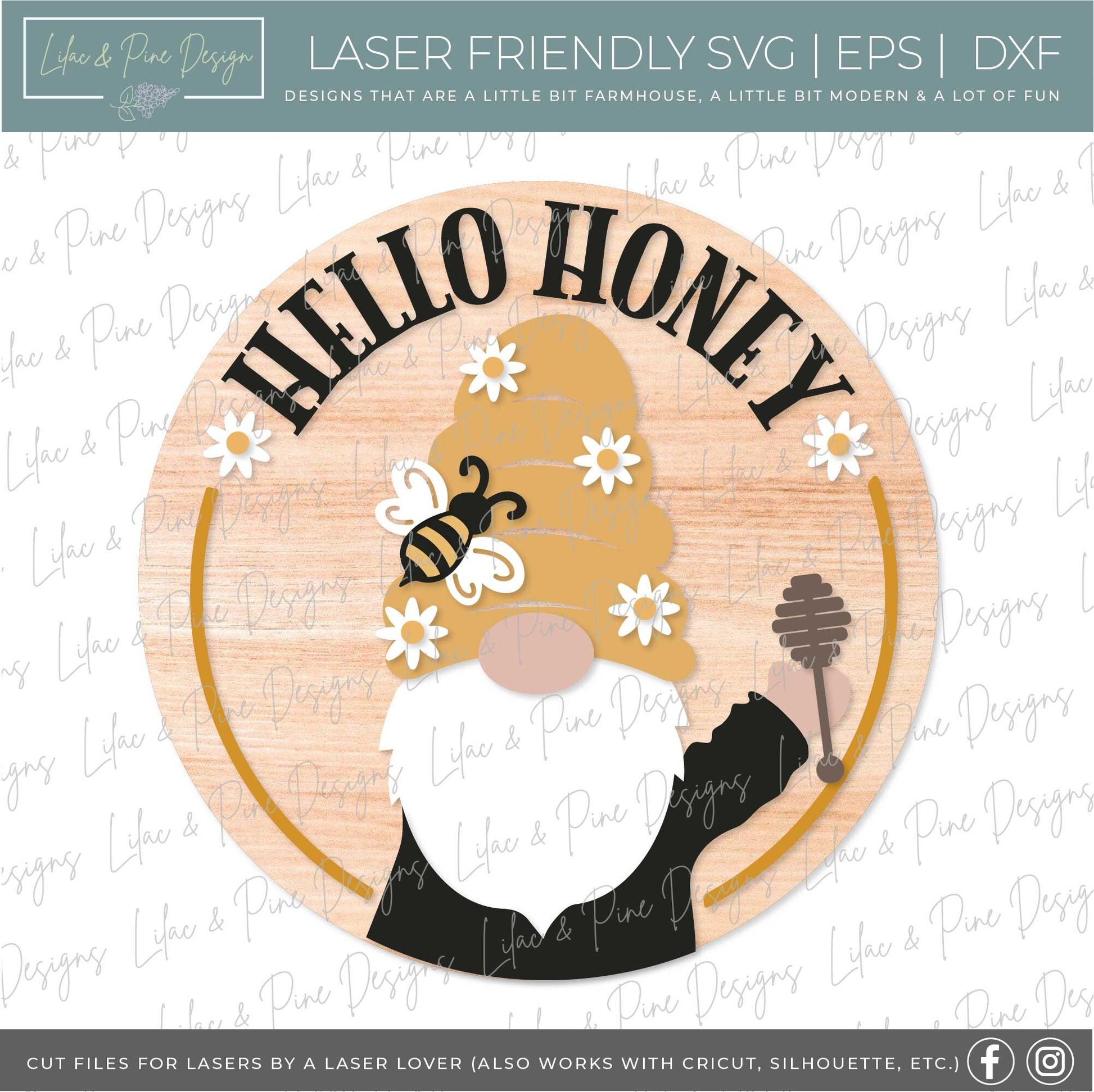 Hello Honey sign SVG, Gnome door hanger svg, Bee Welcome sign SVG,  round Summer sign, porch decor, Cricut, Glowforge SVG, laser cut file