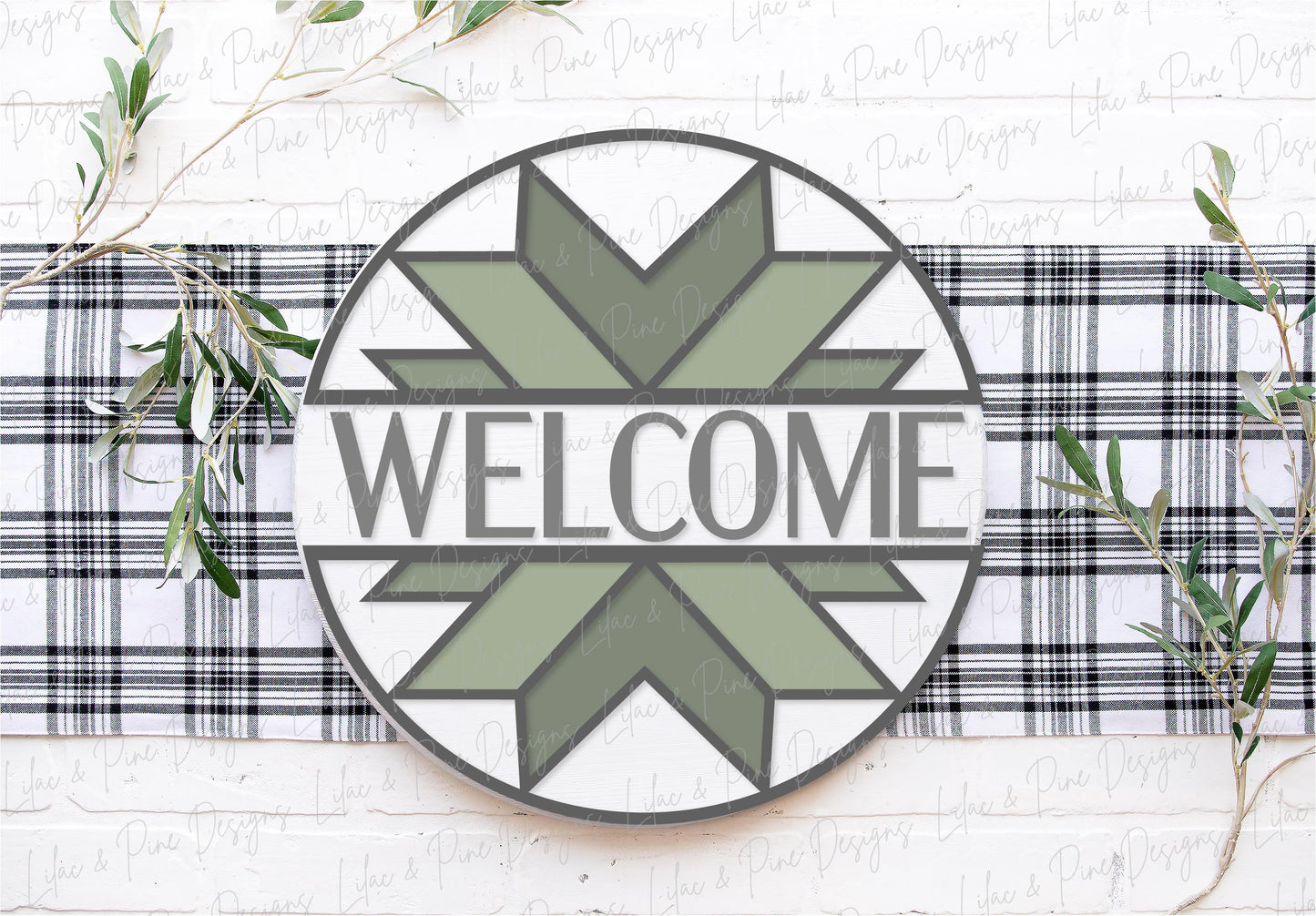 Welcome stained glass quilt round, quilt lover SVG, Welcome SVG, front door decor, round wood sign, name sign, Glowforge Svg, laser cut file