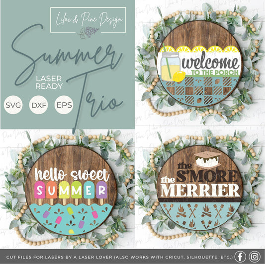 Summer sign bundle, summertime door hanger SVG, lemonade welcome sign SVG, smore porch sign, hello summer svg, glowforge svg, laser cut file