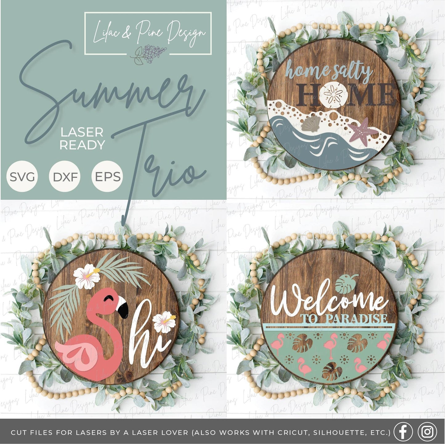 Tropical summer SVG bundle, summertime svg, round door hanger, beach house welcome sign SVG, flamingo porch sign, glowforge, laser cut file