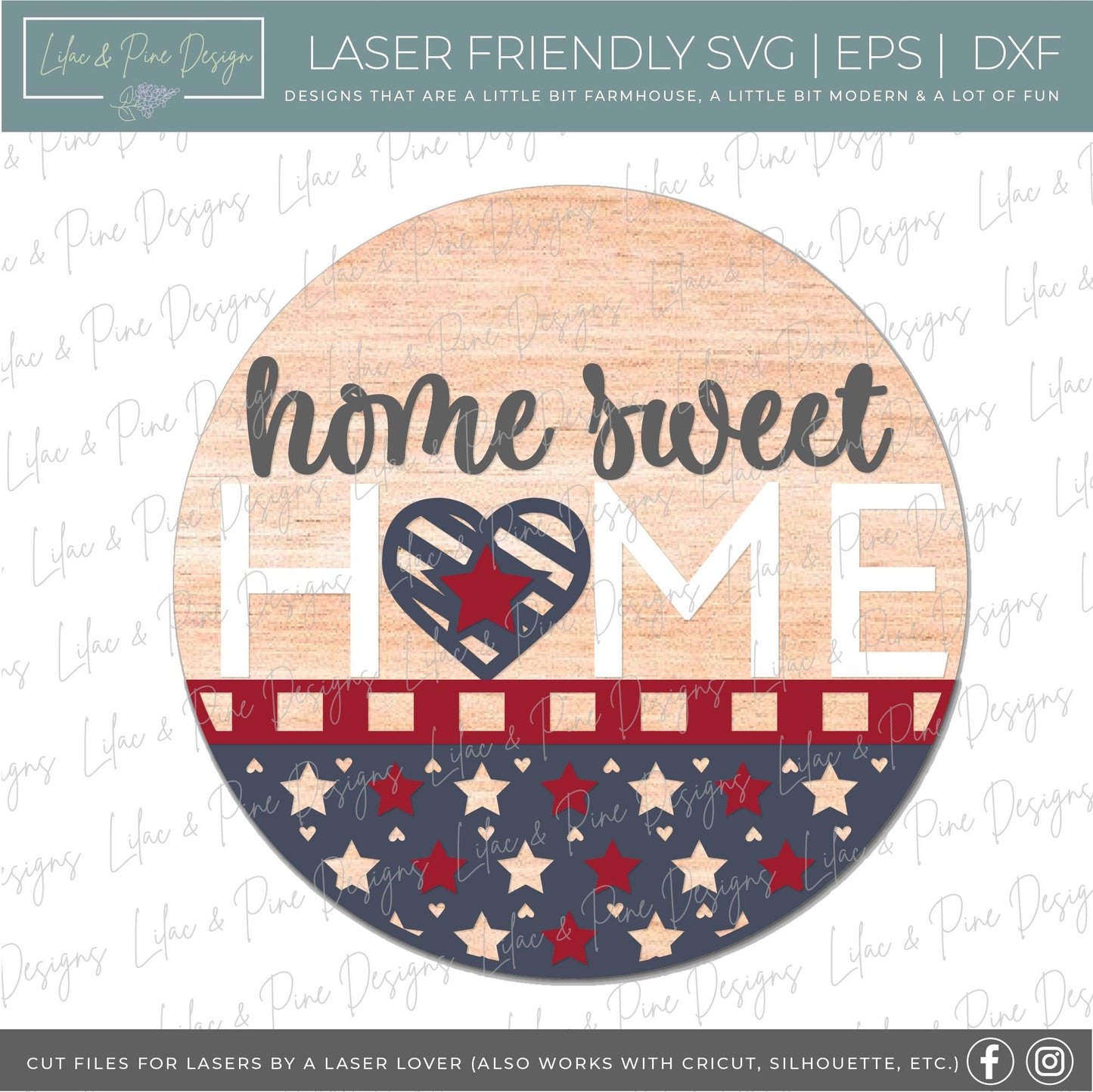 America home sweet home SVG, 4th of July welcome sign SVG, Fourth of July door hanger, Patriotic round sign, Glowforge SVG, laser cut file
