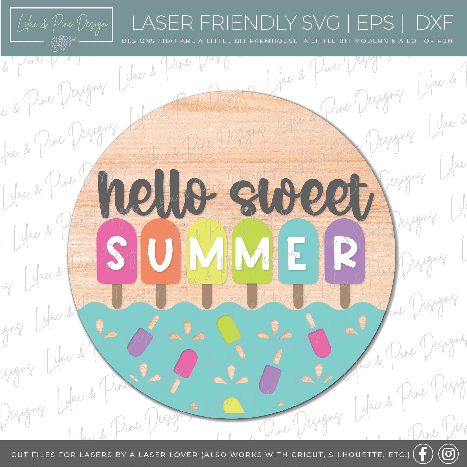 Hello Summer sign, Popsicle welcome sign SVG, Popsicle door hanger, round wood sign, vacation svg, diy kit, Glowforge Svg, laser cut file