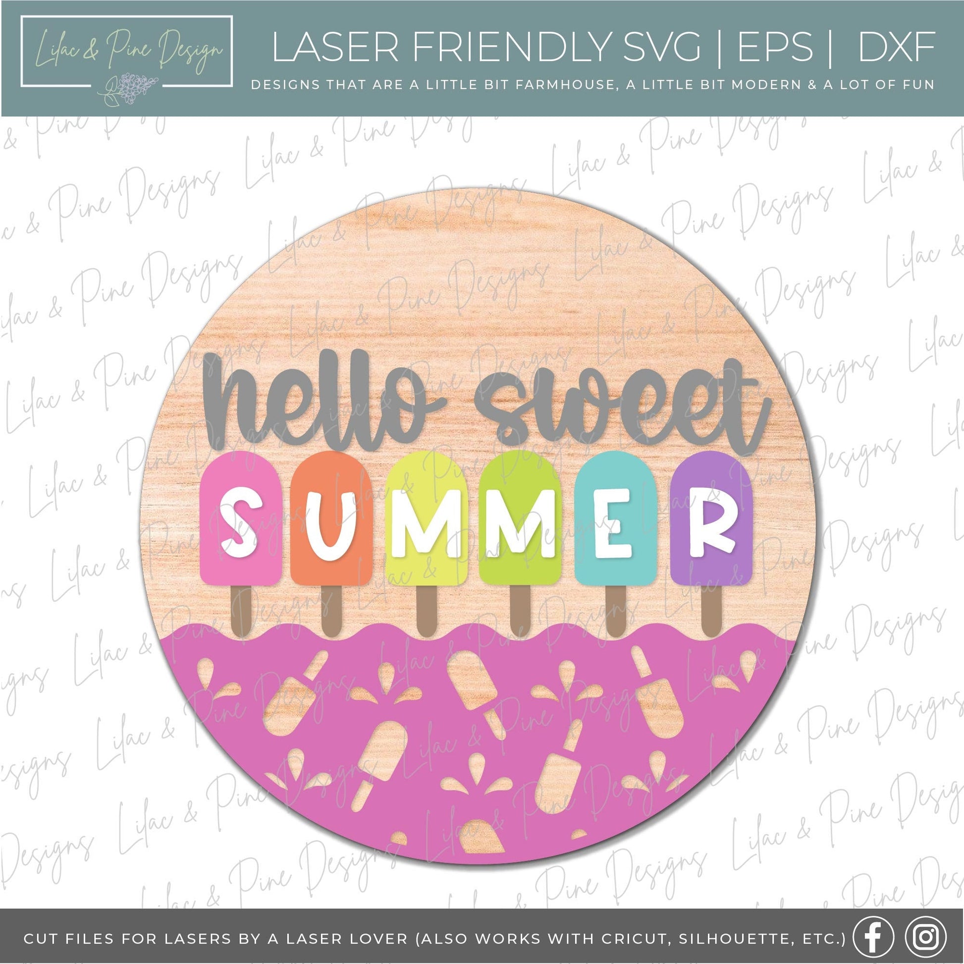 Hello Summer sign, Popsicle welcome sign SVG, Popsicle door hanger, round wood sign, vacation svg, diy kit, Glowforge Svg, laser cut file