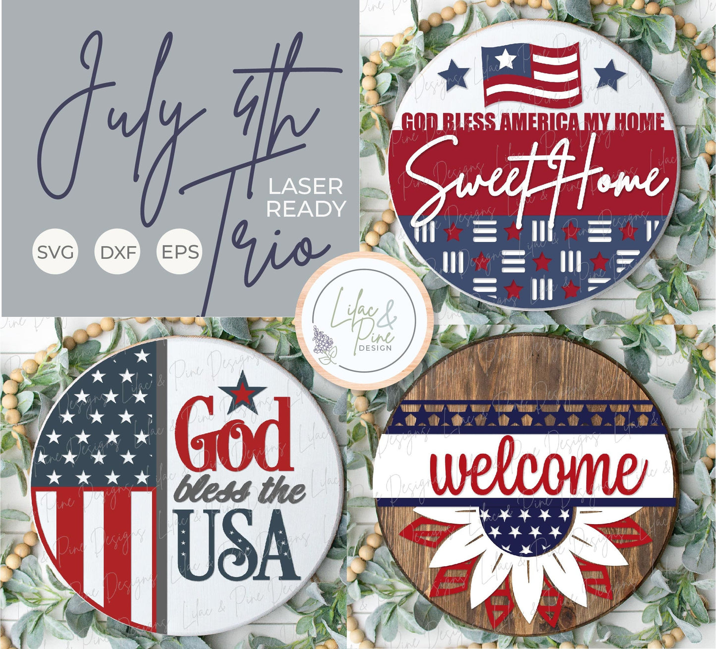 July 4th sign bundle, patriotic door hanger SVG, Independence Day welcome sign, Fourth of July porch decor, glowforge SVG, laser cut file