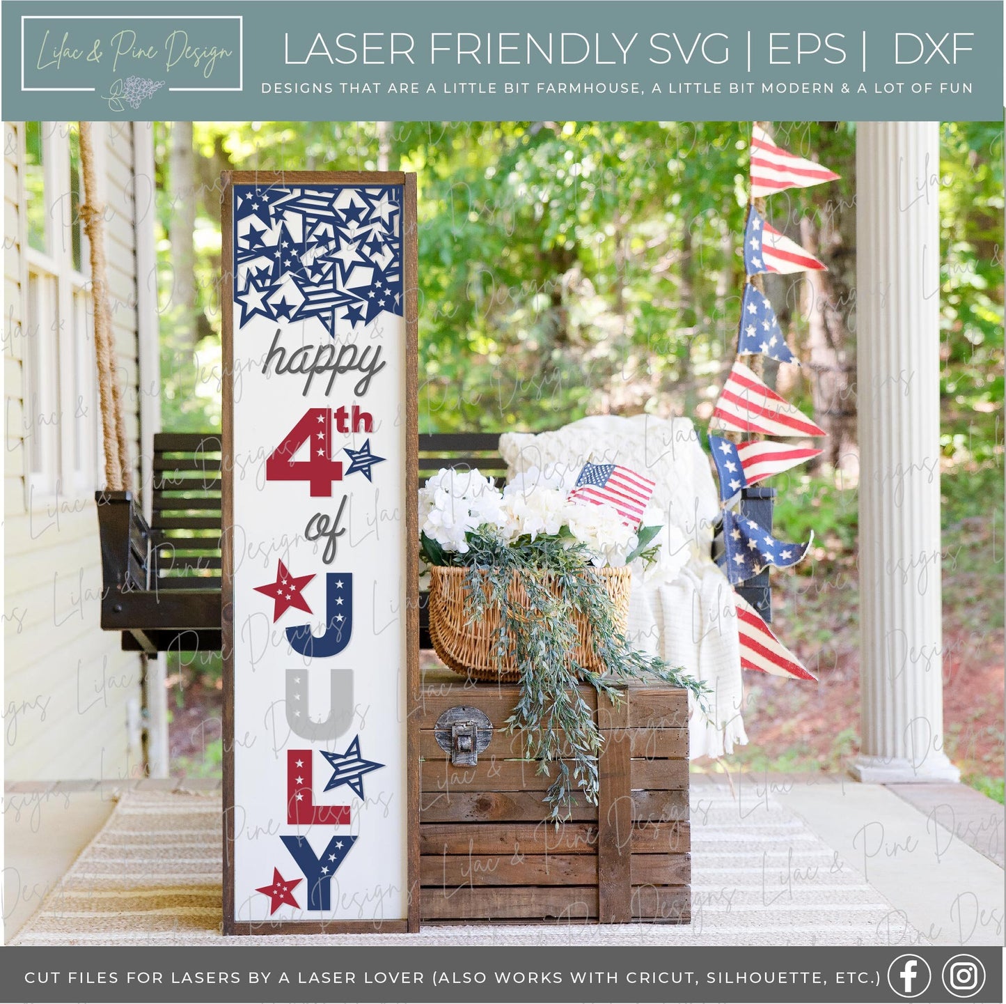 4th of July porch leaner, Fourth of July welcome sign SVG, Patriotic porch decor, Stars and Stripes svg, Glowforge SVG, laser cut file