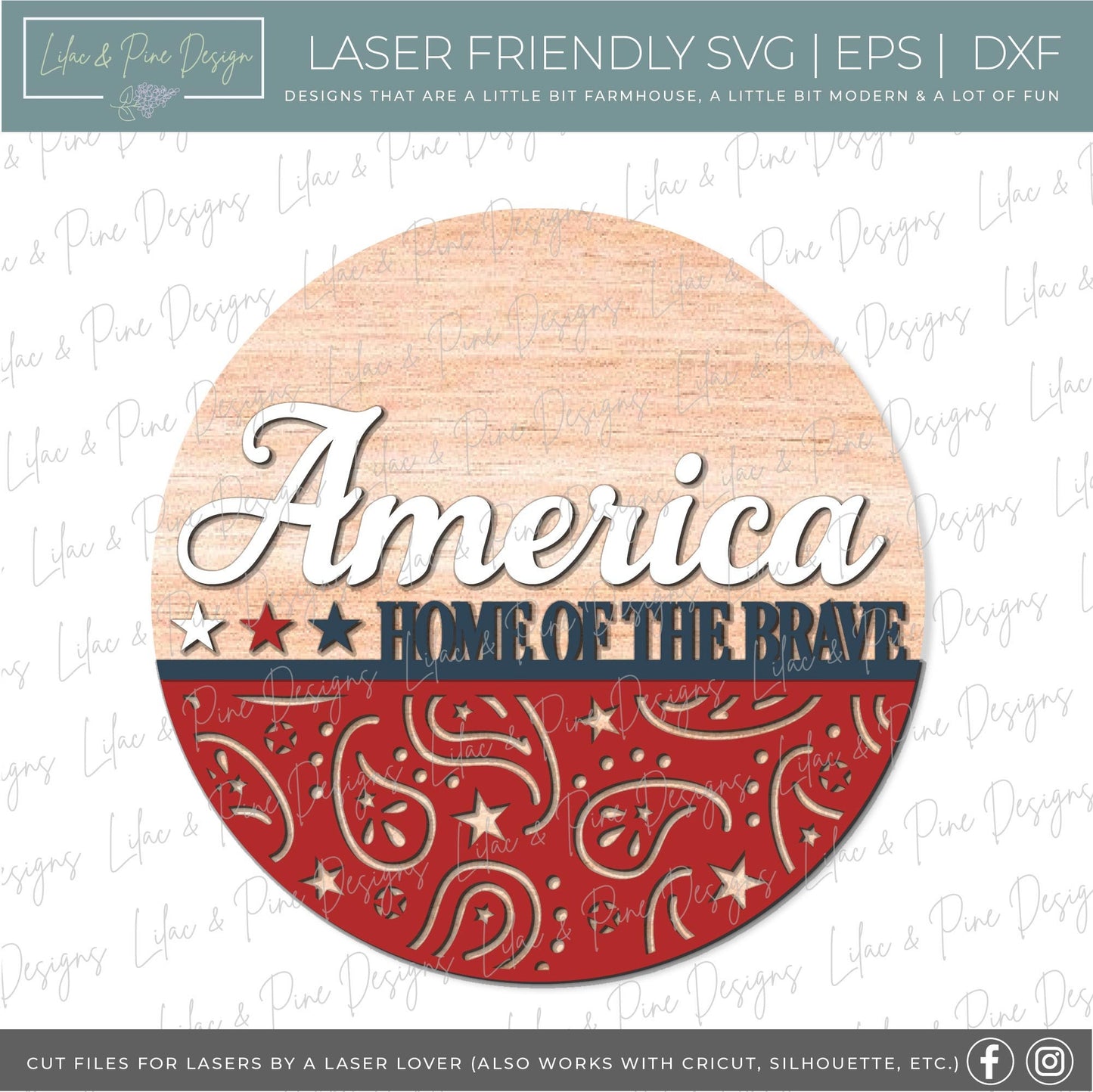 Home of the Brave SVG, 4th of July welcome sign SVG, Fourth of July door hanger, Patriotic round sign, Glowforge SVG, laser cut file