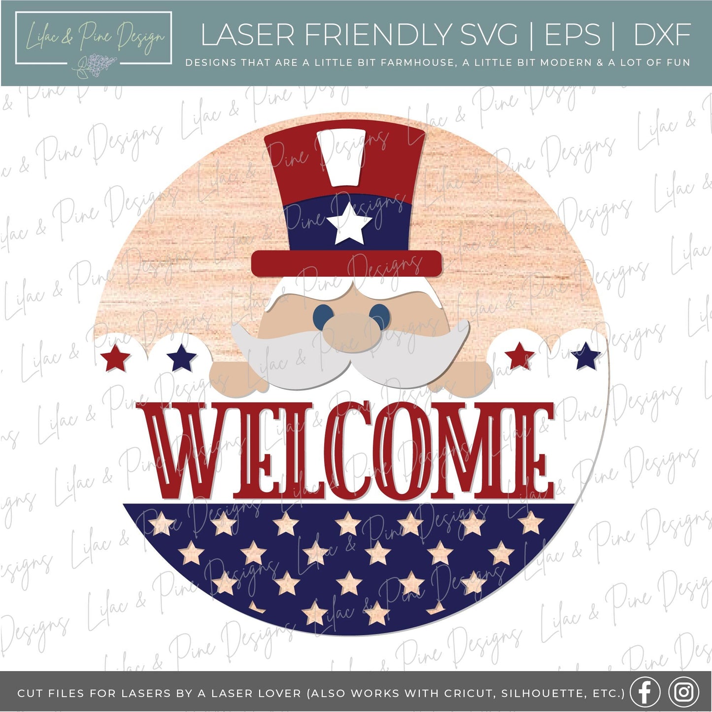 Uncle Sam door hanger SVG, Happy 4th of July welcome sign, Fourth of July decor, Patriotic round sign SVG, Glowforge SVG, laser cut file