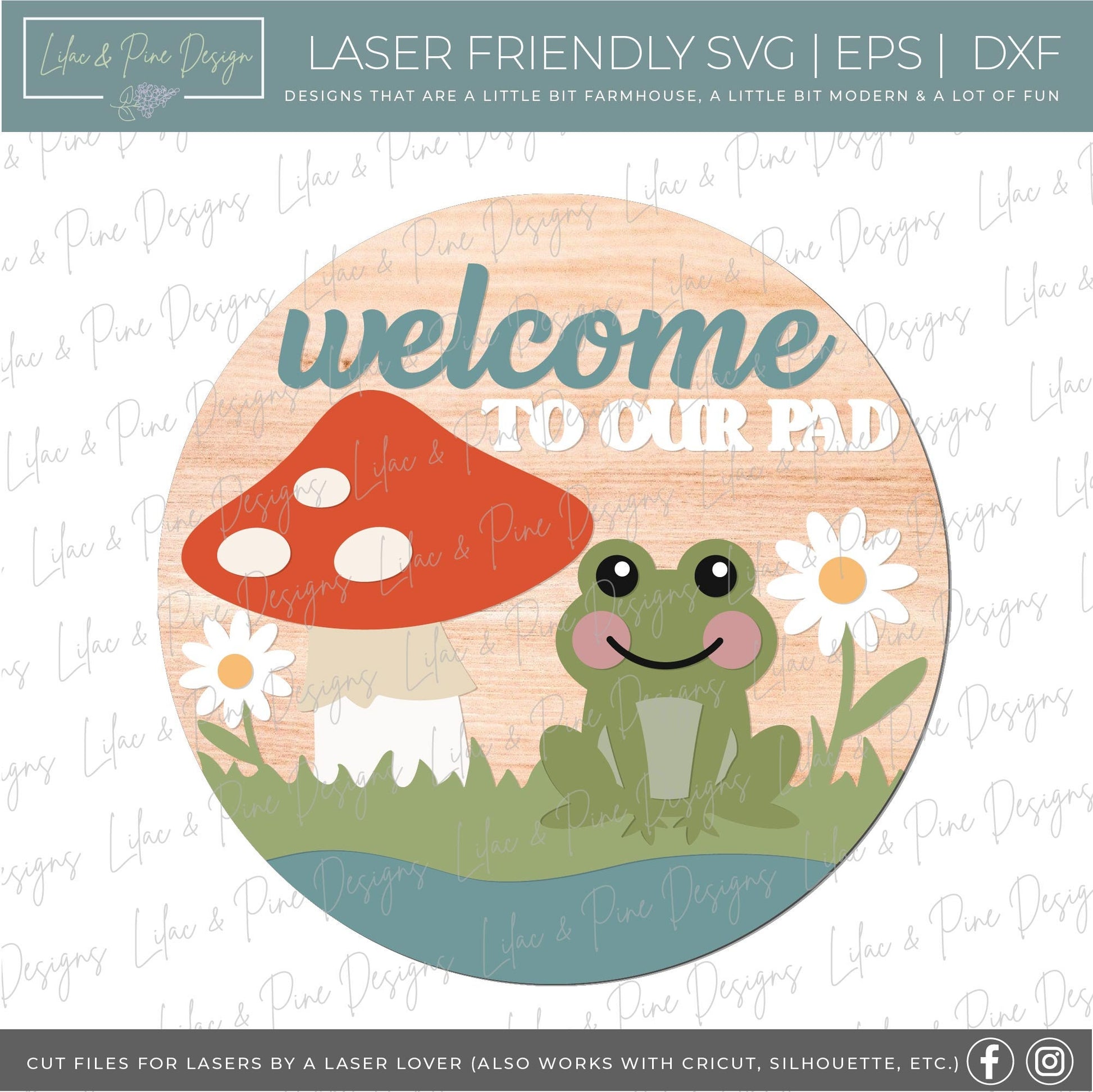Frog welcome sign SVG, Mushroom door hanger svg, Welcome to our Pad sign, summer sign, Daisy welcome sign, Glowforge Svg, laser cut file