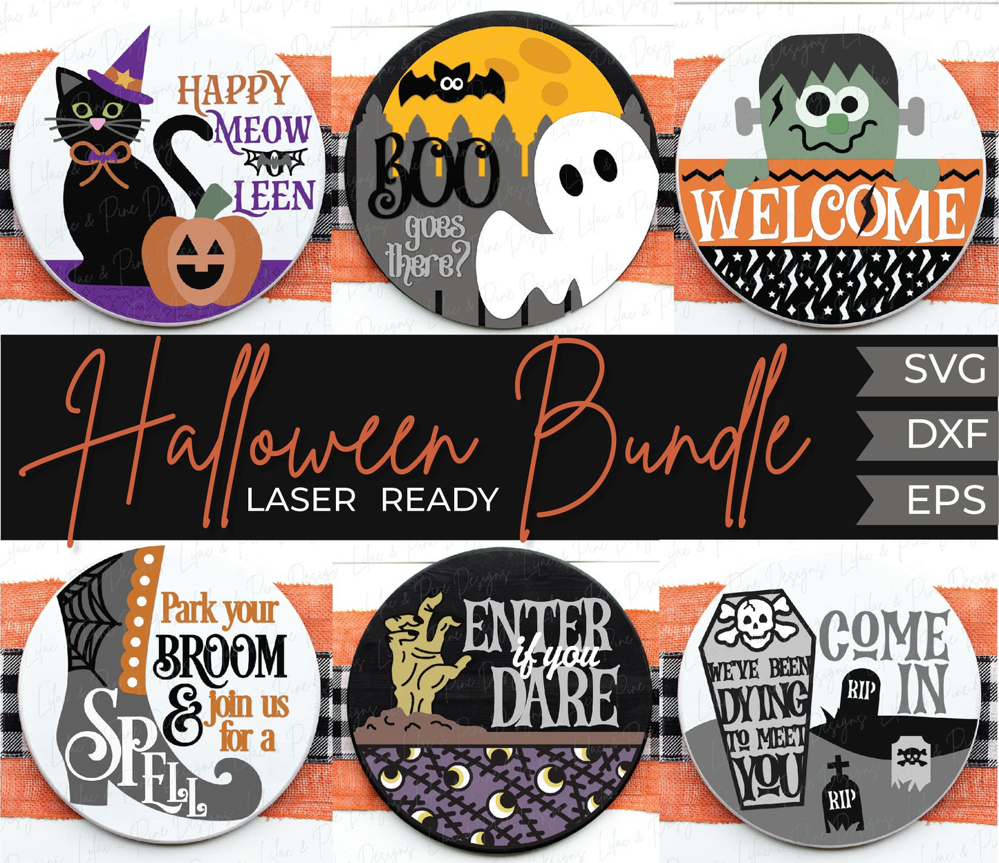 Halloween welcome sign bundle, Halloween door hanger SVG, ghost svg, black cat SVG, Frankenstein sign, Glowforge SVG, laser cut file