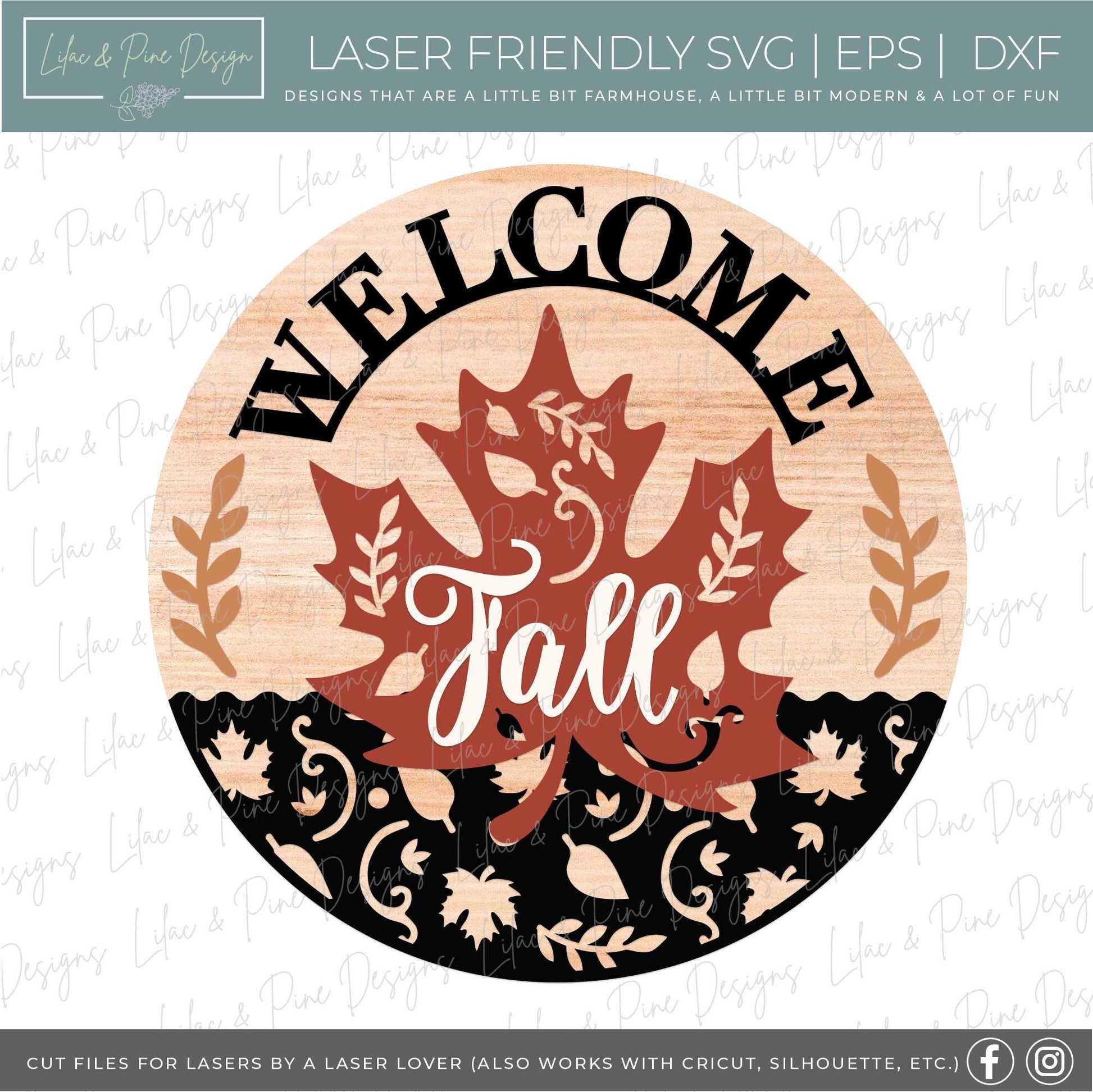 Welcome Fall SVG, Fall leaves door hanger, Fall Welcome round sign, Autumn porch decor SVG, maple leaf SVG, Glowforge Svg, laser cut file