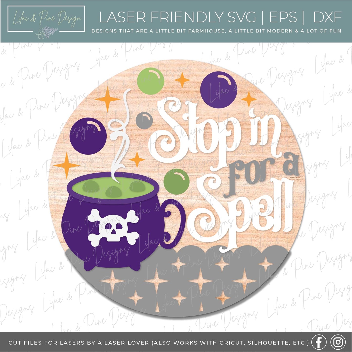 Stop in for a Spell sign SVG, spooky door hanger SVG, Halloween welcome sign SVG, witchy sign, cauldron svg, Glowforge Svg, laser cut file