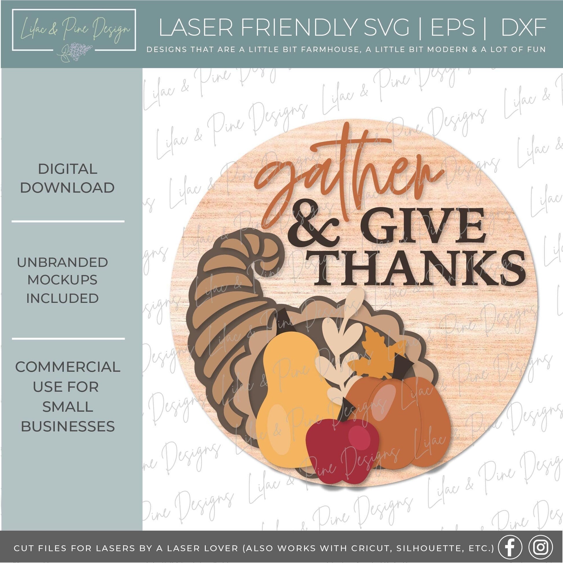 Thanksgiving door hanger SVG, Gather and give thanks sign SVG, Cornucopia welcome sign, round sign design, Glowforge SVG, laser cut file