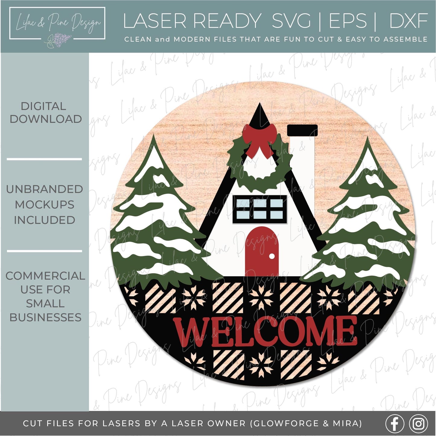 Christmas lodge round sign SVG, Christmas door hanger, Fair isle welcome sign SVG, Glowforge Svg, laser cut file, digital download