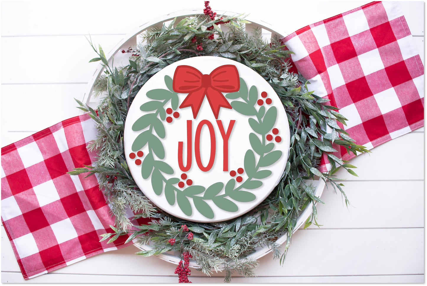 Christmas wreath round sign SVG, Joy door hanger, Holly Berry welcome sign SVG, Glowforge Svg, laser cut file, digital download