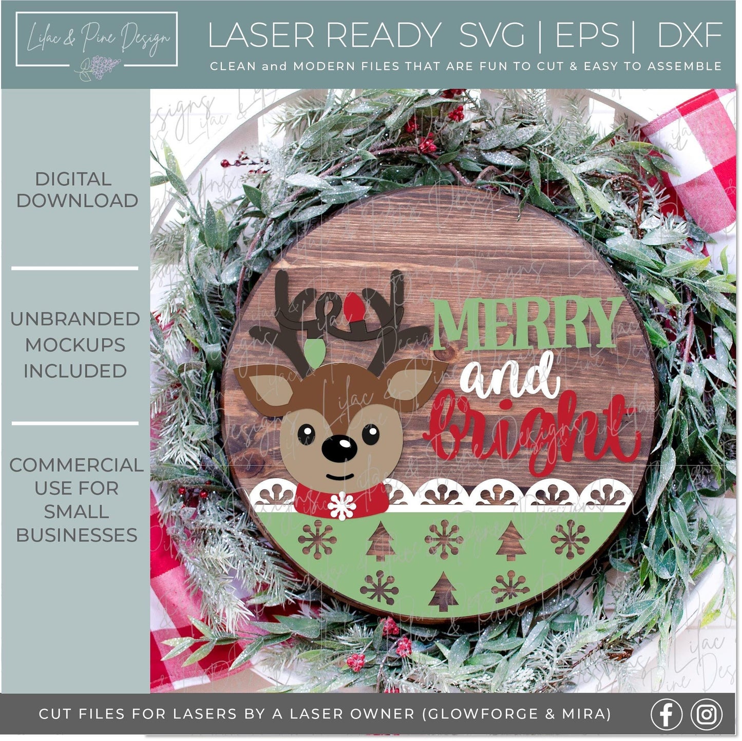 Merry and bright sign SVG, Reindeer door hanger, cute Christmas welcome sign SVG, Glowforge Svg, laser cut file, digital download