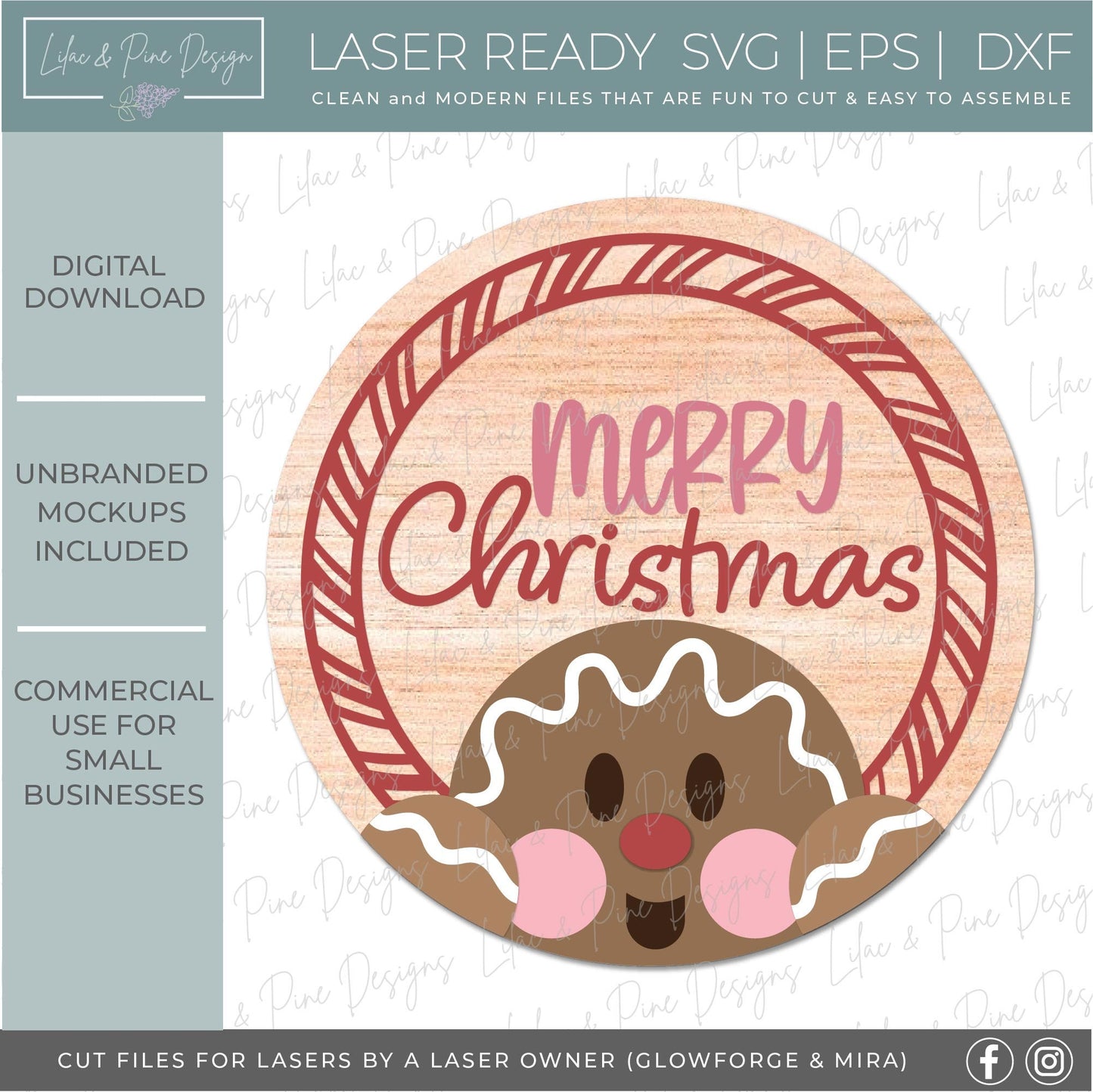 Gingerbread round sign SVG, Christmas door hanger, Peppermint welcome sign, cute Merry Christmas sign SVG, Glowforge Svg, laser cut file