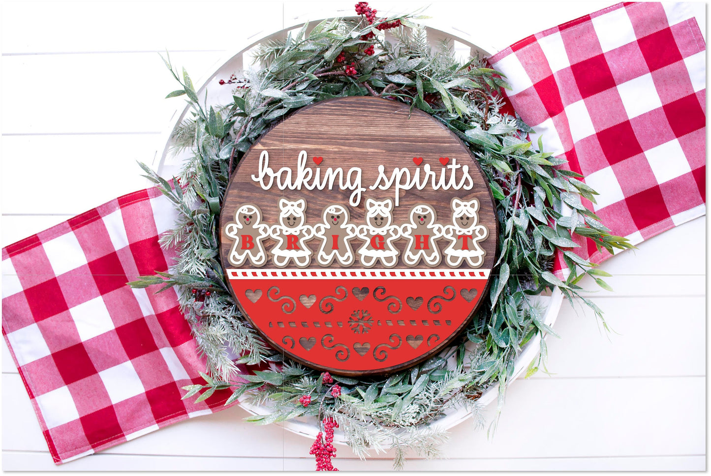 Christmas round sign SVG, Baking Spirits bright SVG, gingerbread door hanger, welcome sign SVG, Glowforge Svg, laser cut file