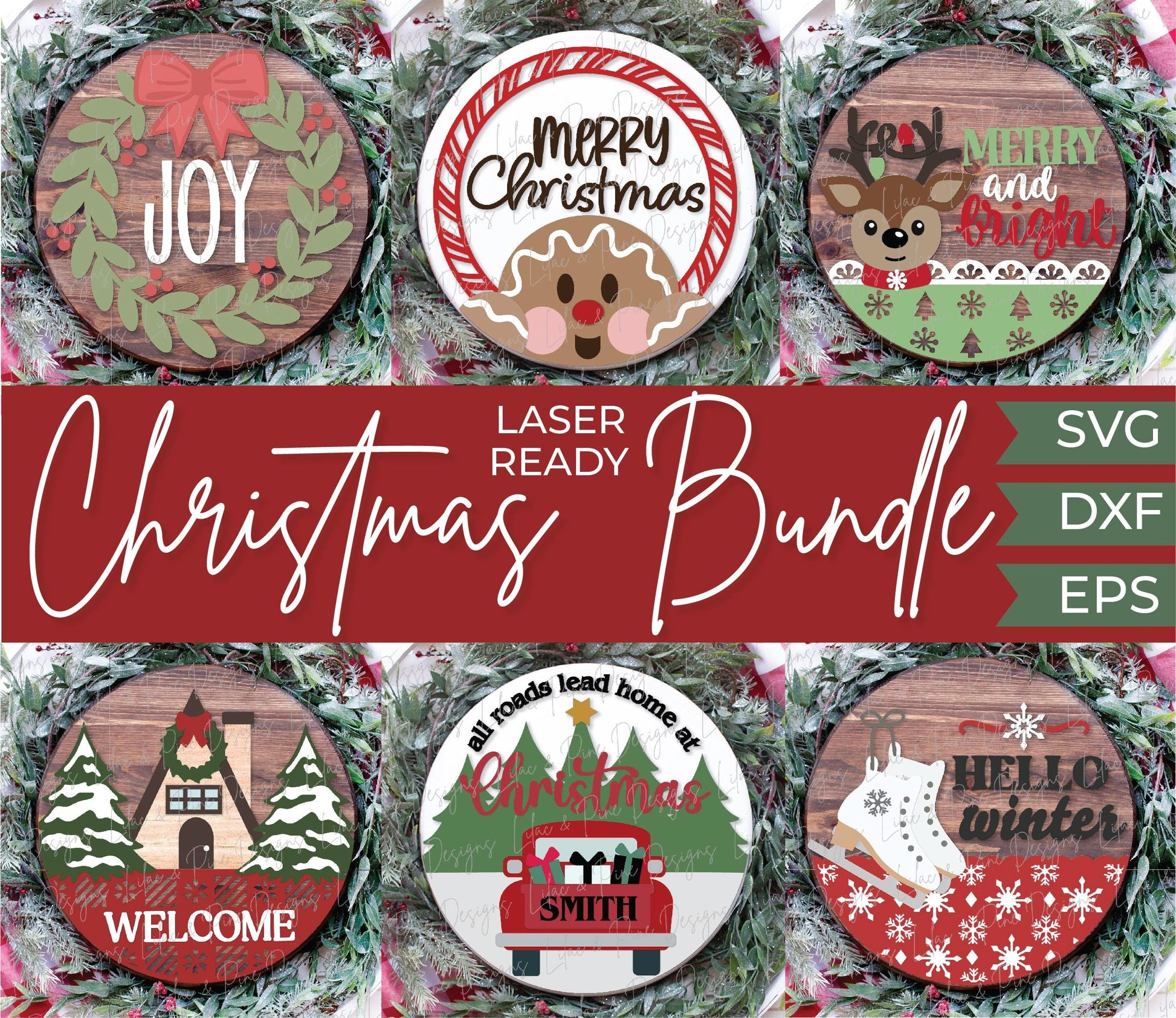 Christmas Door Hanger bundle, Holiday welcome signs, Gingerbread Christmas SVG, Joy wreath svg, Ski lodge SVG, Glowforge Svg, laser cut file