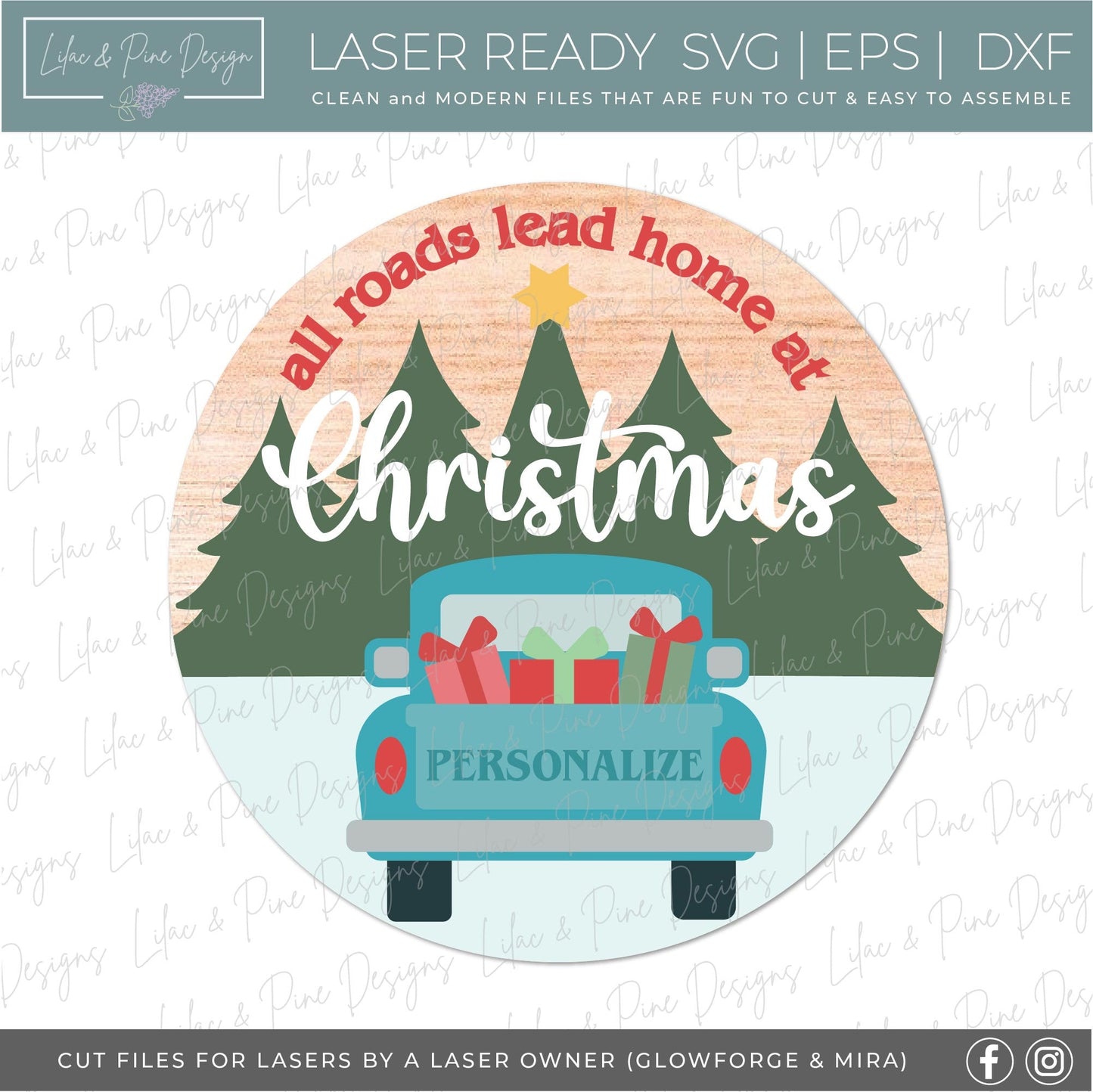 All Roads Lead Home at Christmas SVG, Holiday door hanger, Vintage Christmas truck SVG, Holiday welcome, Glowforge Svg, laser cut file
