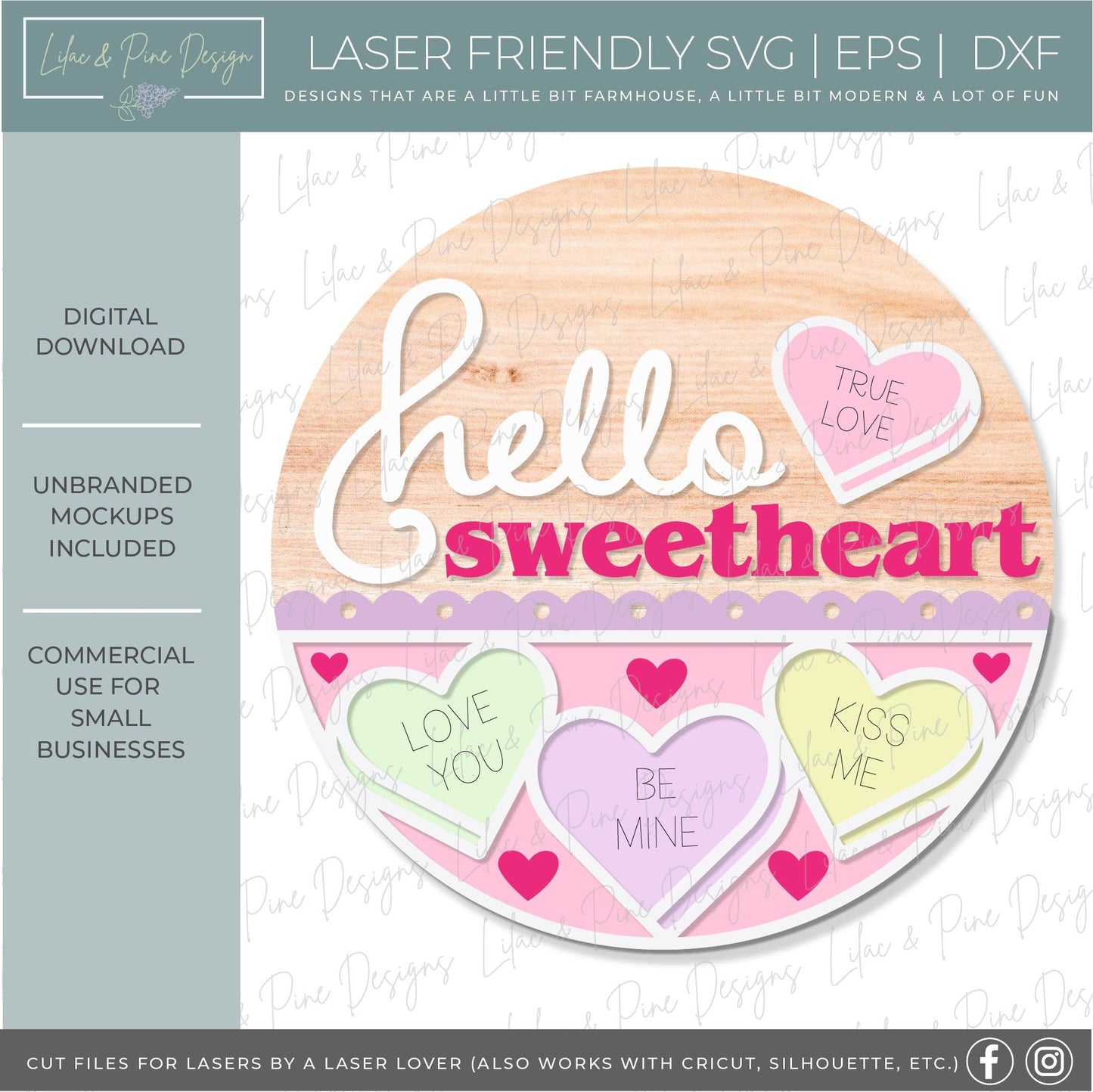 Valentine's Day welcome sign SVG, hello sweetheart door hanger SVG, Valentine heart candy round sign SVG, Glowforge Svg, laser cut file