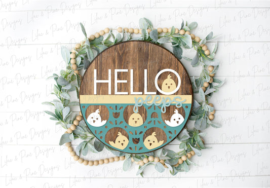 Hello Peeps door hanger, Easter welcome sign SVG, cute Easter chick SVG, Spring chicken laser design, Glowforge SVG, laser cut file