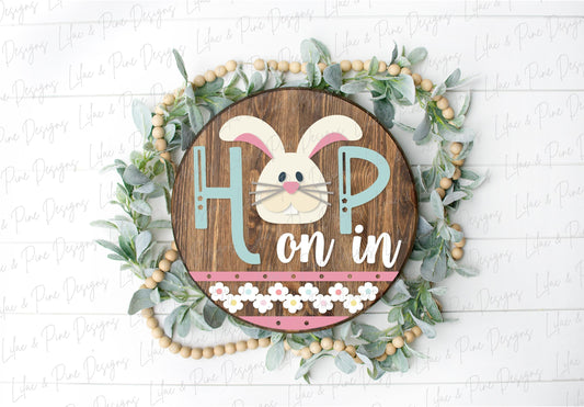 hop on in sign SVG, Easter bunny door hanger, rabbit Welcome SVG, cute Easter decor, spring laser template, Glowforge SVG, laser cut file