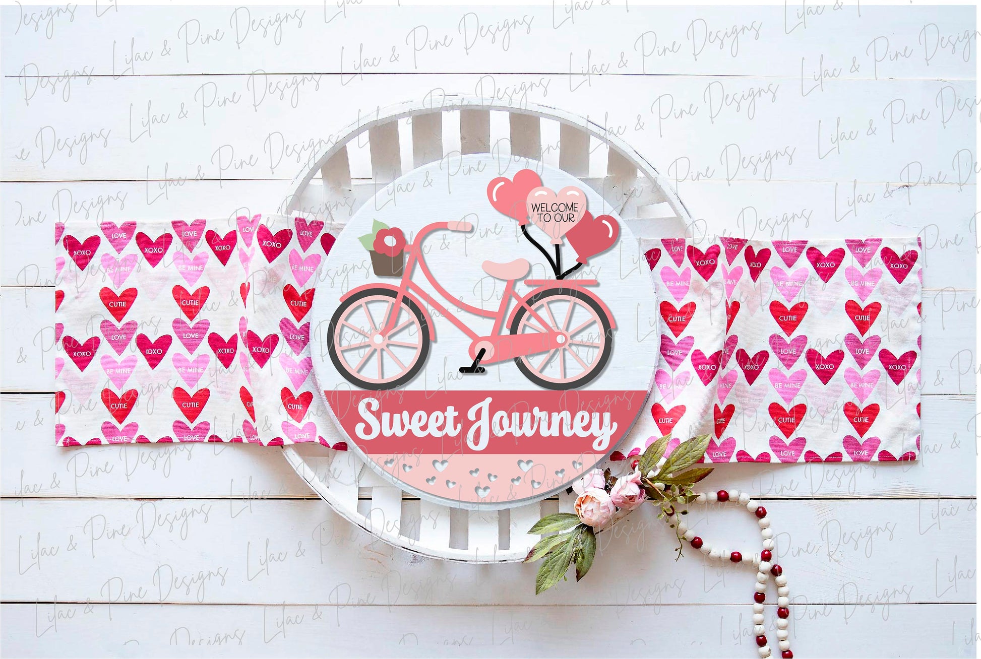 Sweet Journey door hanger SVG, Valentine heart balloons welcome sign, bike round sign Valentines Day decor, Glowforge SVG, laser cut file